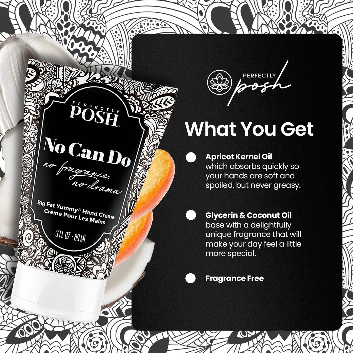 Perfectly Posh - No Can Do Big Fat Yummy Hand Crème - Fragrance-Free Non-Greasy Hand Cream with Apricot Kernel and Coconut Oil - 89ml