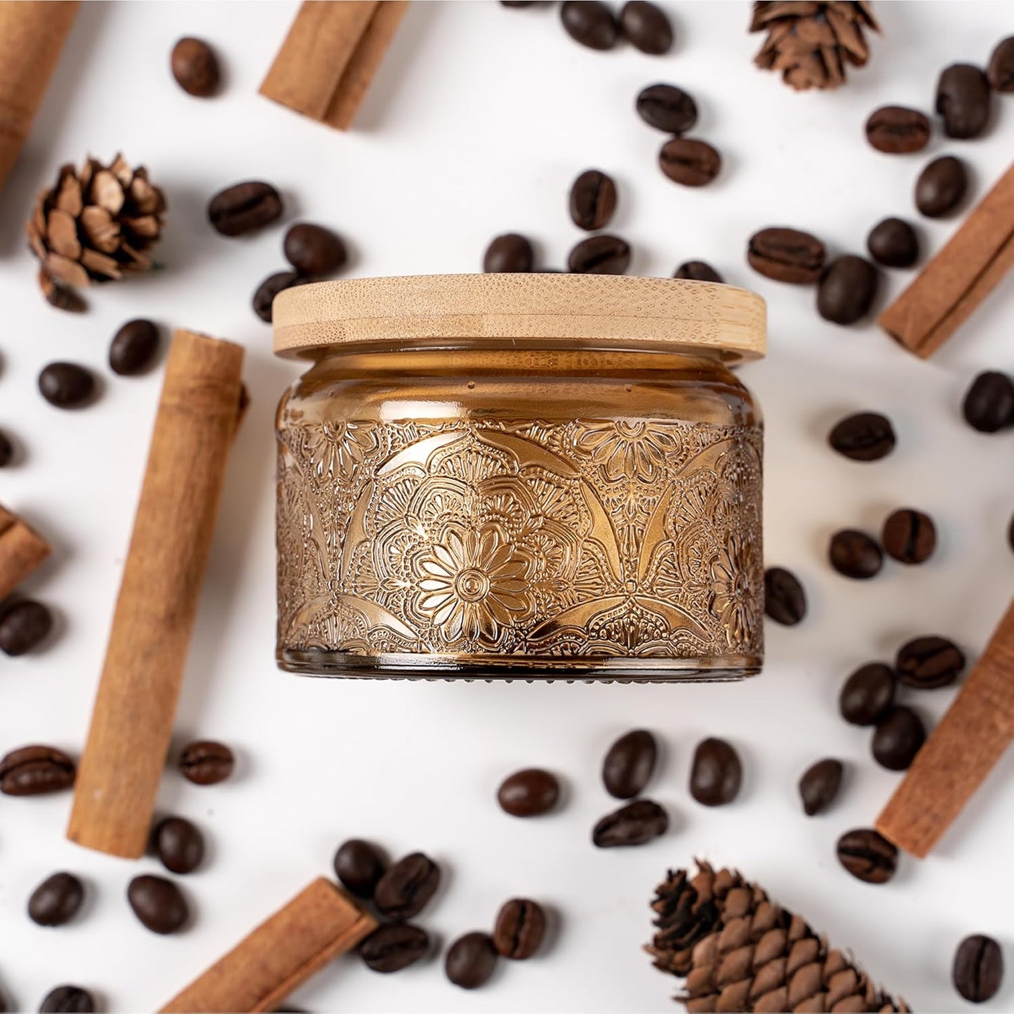 4 oz Mocha Mandala Glass Candle Jars with Bamboo Lids, 18 Pack | Patented Embossed Design, Includes Wick Centering Devices & Warning Labels, Multiple Color Options