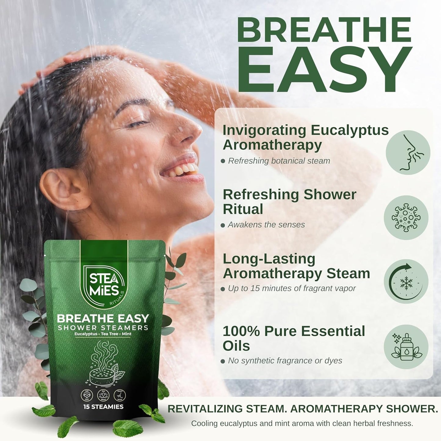 STEAMIES Eucalyptus Shower Steamers Aromatherapy Breathe Easy 15 Pack – Eucalyptus Shower Tablets with Peppermint & Tea Tree Essential Oils, Breathing Comfort, Congestion & Sinus Relief