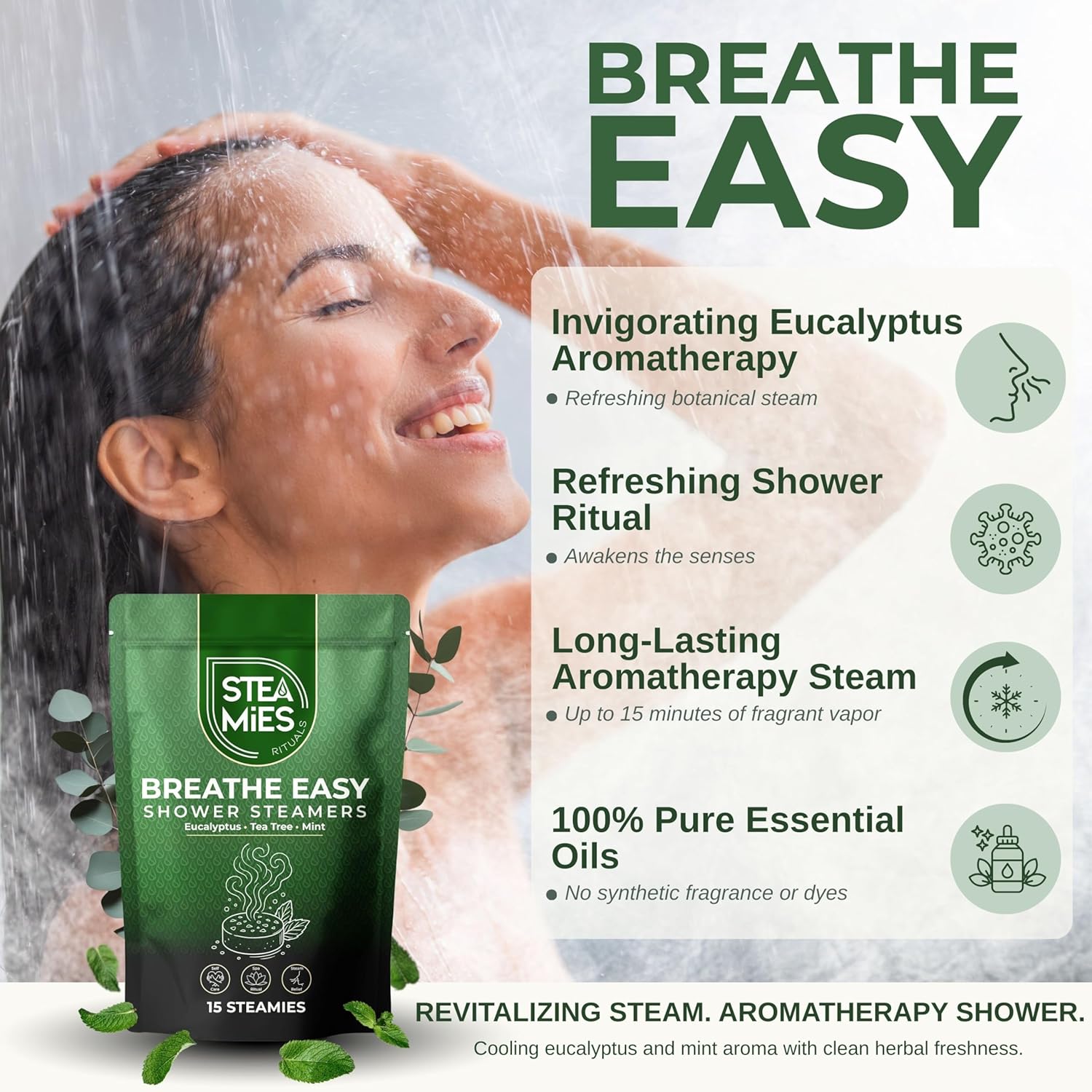 STEAMIES Eucalyptus Shower Steamers Aromatherapy Breathe Easy 15 Pack – Eucalyptus Shower Tablets with Peppermint & Tea Tree Essential Oils, Breathing Comfort, Congestion & Sinus Relief