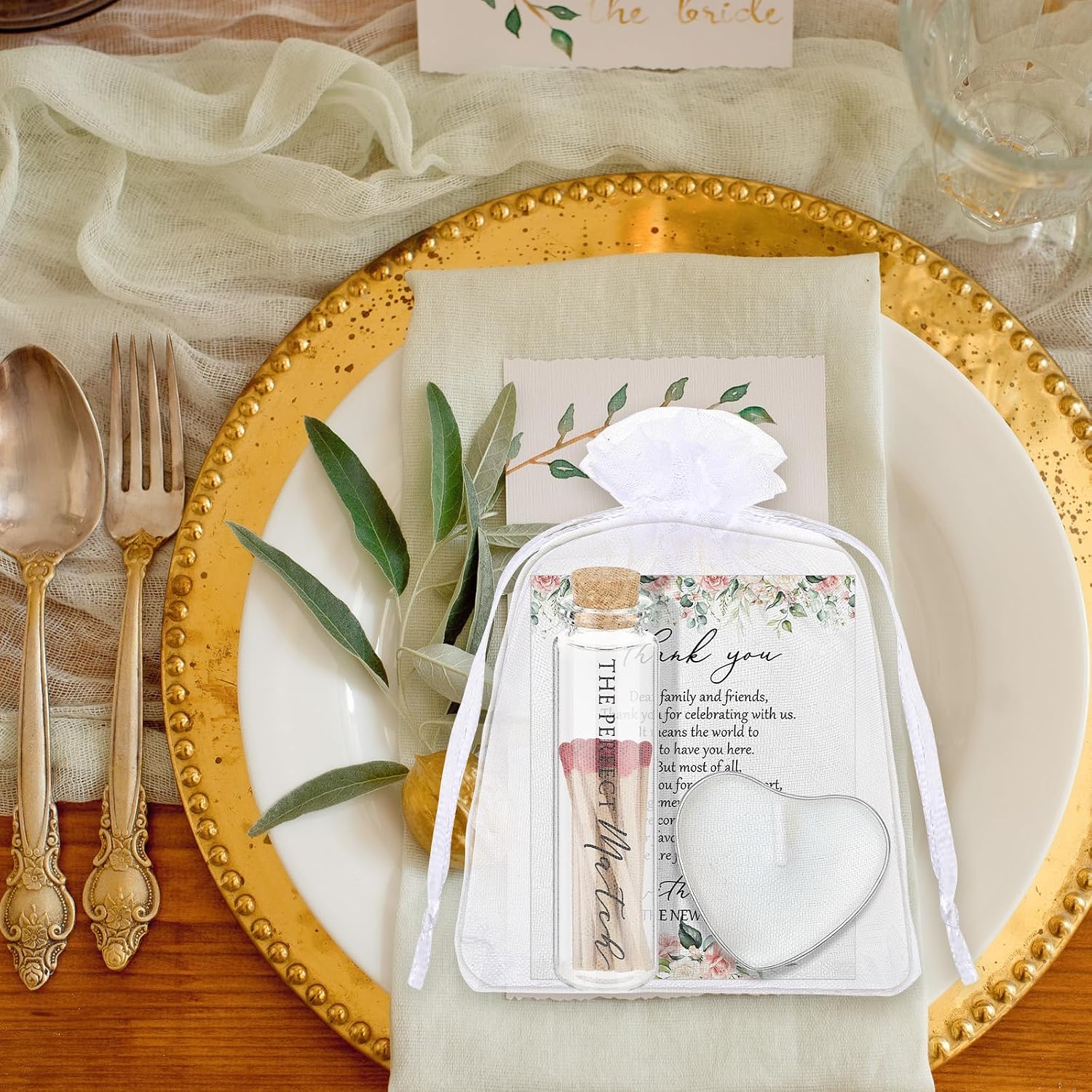 50 Sets Wedding Party Favors for Guests Bulk Including Heart Shaped Candles and Empty Matches Jars with Cork Top Thank You Cards and Organza Bags for Wedding Bridal Shower Party (Flower)