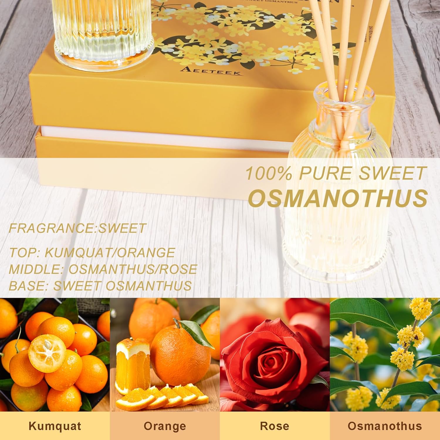 2-Pack Osmanthus Reed Diffuser Set, Kumquat Aroma Essential Oils, Amber Scented Oil Home Fragrance with 10pcs Sticks, Aromatherapy Air Freshener for Room Shelf Bathroom Decor