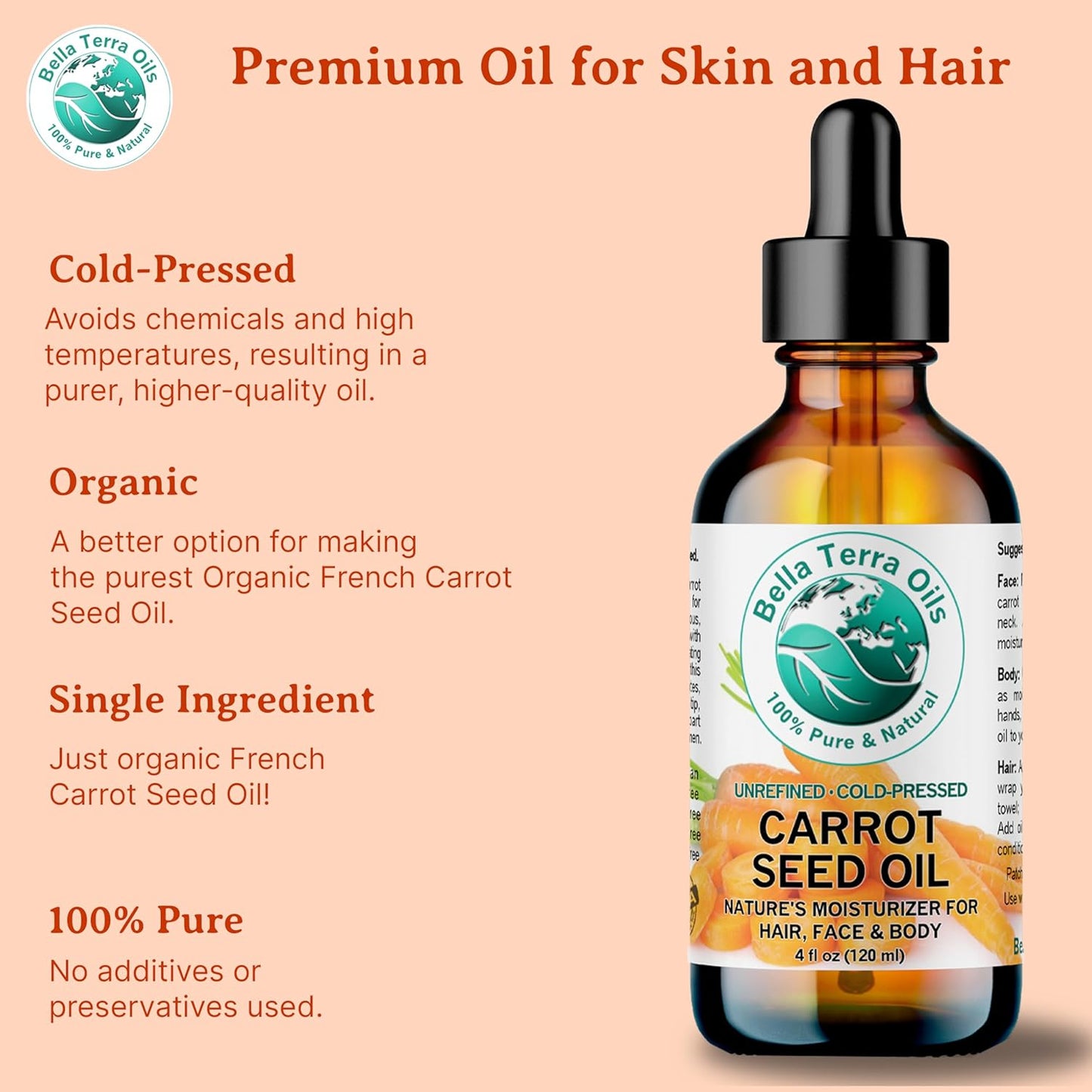 Bella Terra Oils - Organic Carrot Seed Oil 4 oz - Dive into Carotene's Natural Power, High in Essential Fatty Acids, Experience Luxurious Skin Nourishment