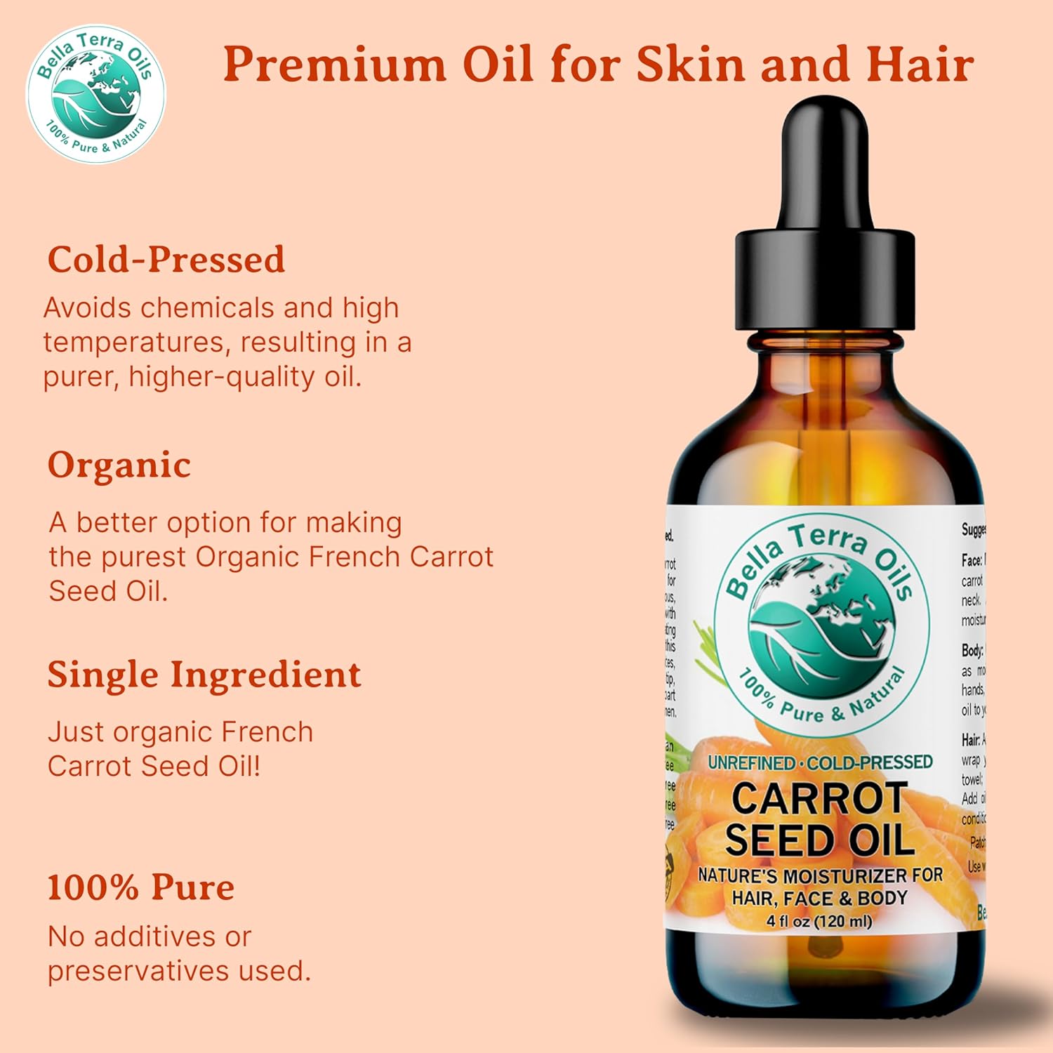 Bella Terra Oils - Organic Carrot Seed Oil 4 oz - Dive into Carotene's Natural Power, High in Essential Fatty Acids, Experience Luxurious Skin Nourishment