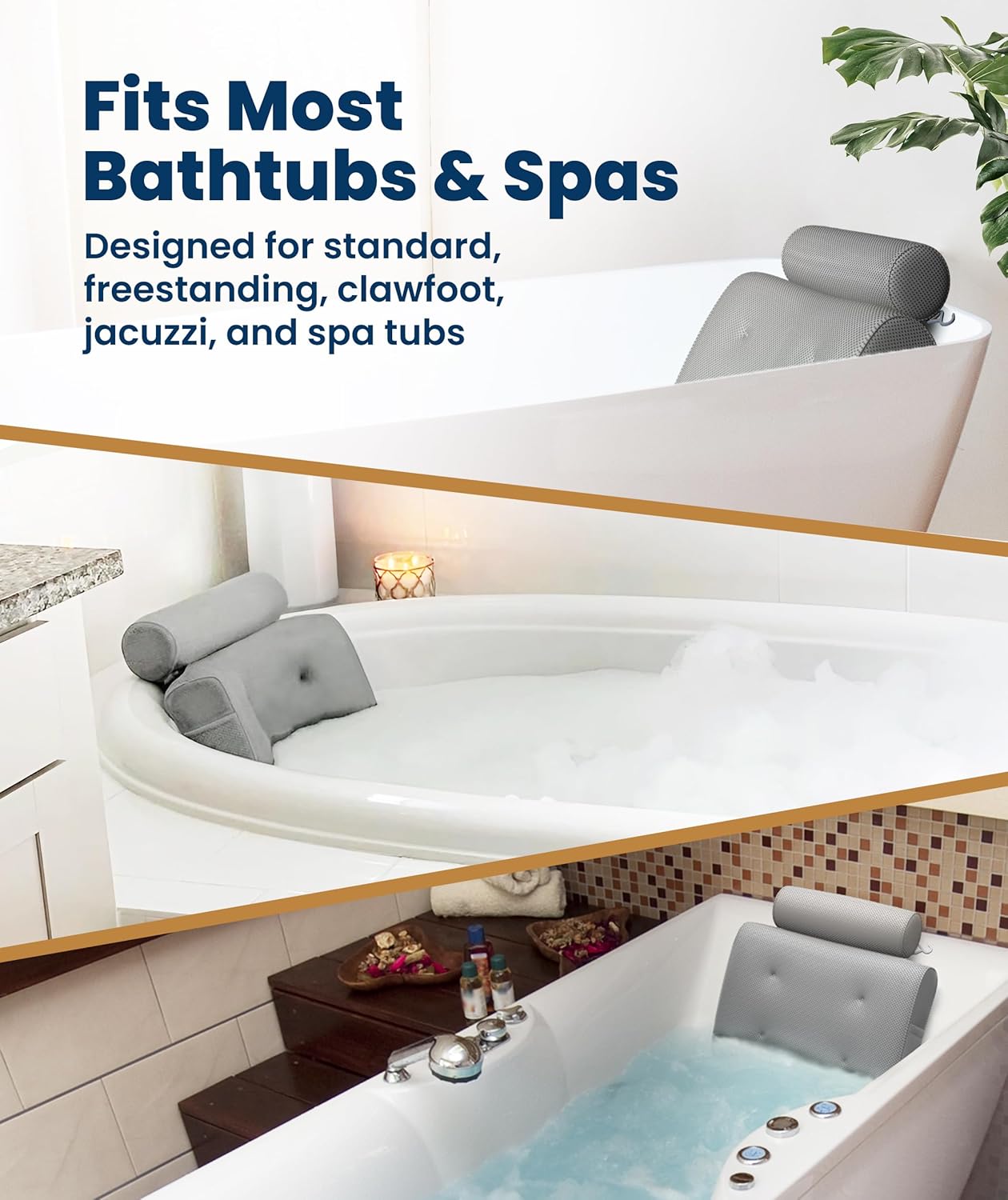 Everlasting Comfort Luxury Bath Pillows for Tub with Head and Neck Support - Non-Slip Bathtub Pillow with Suction Cups, Quick-Drying Mesh & Drying Hook - Jacuzzi & Spa Accessories for Women - Gray