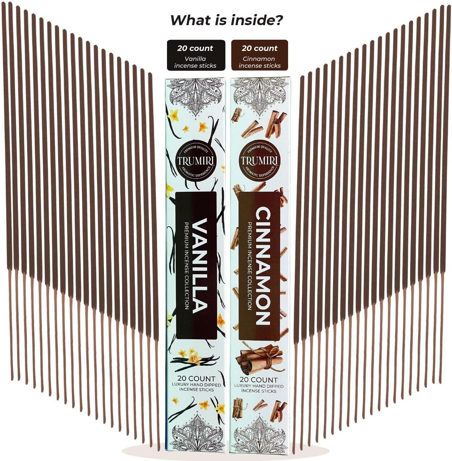 Trumiri Incense Sticks - Combo Pack of 40 Insence-Sticks - 20 Vanilla + 20 Cinnamon - Insenses - Insents - Incents - Inscense - Incence - Incienso - All Natural Incense Sticks