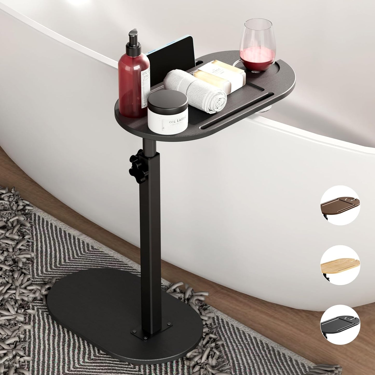 Yumkfoi Bamboo Bathtub Tray Table with Adjustable Height, Freestanding Bathtub Caddy for Tub Against Wall, Tub Organizer Suitable for Luxury Spa and House Warming - Patent Protected (Black)