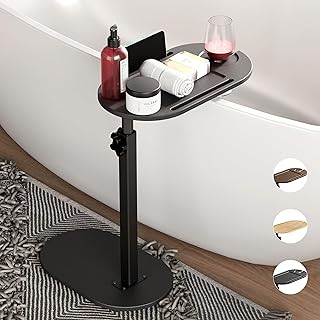 Yumkfoi Bamboo Bathtub Tray Table with Adjustable Height, Freestanding Bathtub Caddy for Tub Against Wall, Tub Organizer Suitable for Luxury Spa and House Warming - Patent Protected (Black)