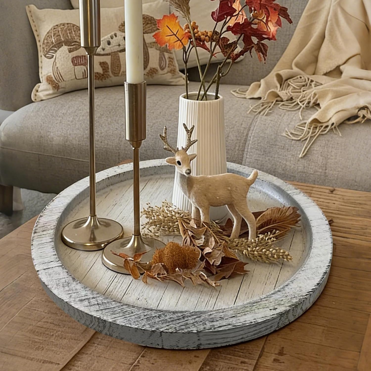 Candle Plate Holder Tray: Round Wooden Decorative Candle Plate Small Farmhouse Table Centerpiece Rustic White Wood Tealight Pillar Trays for Home Decor (Distressed)