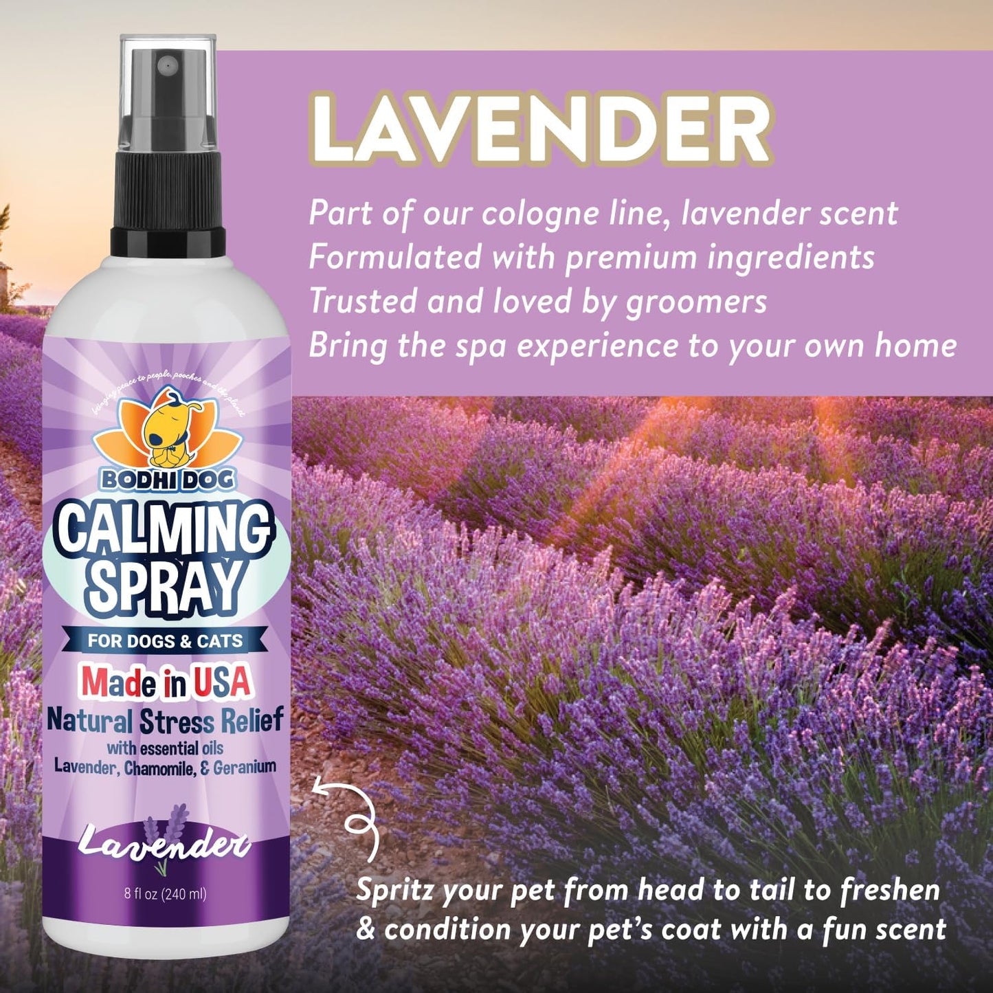 Bodhi Dog Calming Spray for Dogs & Cats - Natural Dog Anxiety Relief for Travel, Fireworks & Vet - Cat Calming Spray & Detangler with Lavender - Made in USA (8 oz)