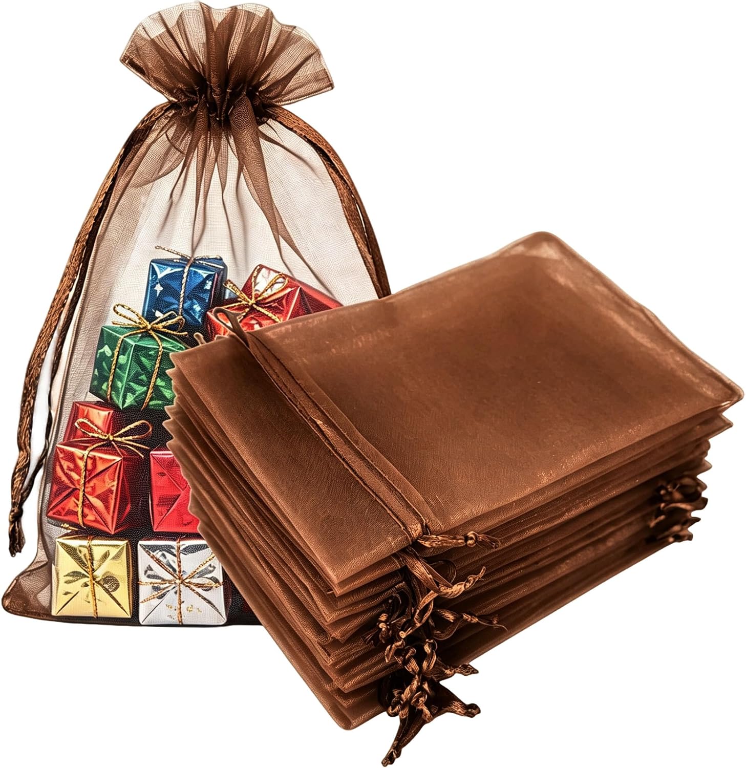 50 Pcs Gift Organza Bags Drawstring 5x7 inch Brown for Jewelry,Candy,Dried Lavender Flowers Sheer Fabric Clear Mesh Carry Sachets for Baby Shower,Christmas,Party Favors,Birthday,Wedding,Bridal Shower