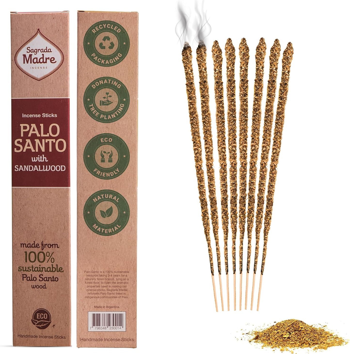 Sagrada Madre 8pcs Wildly Harvested Thick Palo Santo Incense Sticks (Sandalwood), 9” Long - Eco Friendly, Non-Toxic, Aromatic Incense Sticks (1hr Burning Time) to Heal & Calm Your Body and Environment