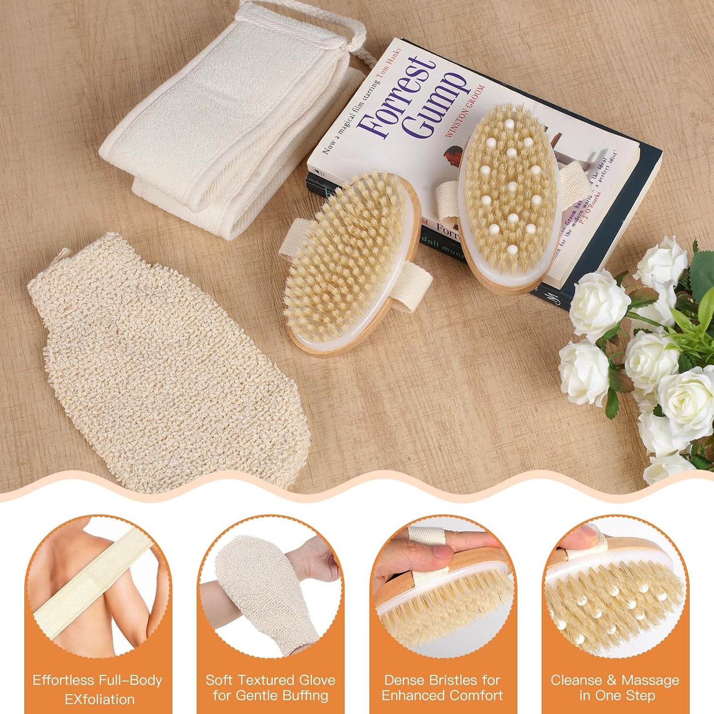 Dry Brushing Body Brush, Natural Boar Bristle, 4 Pack Set | Deep Cleansing | Shower Routine | Home Spa Experience | Self Care Essentials | Smooth Skin | Men & Women | Daily Use