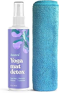 ASUTRA Yoga Mat Cleaner Spray (Peaceful Lavender), 4 fl oz - No Slippery Residue, Organic Essential Oils, Deep-Cleansing for Fitness Gear & Gym Equipment, Microfiber Towel Included