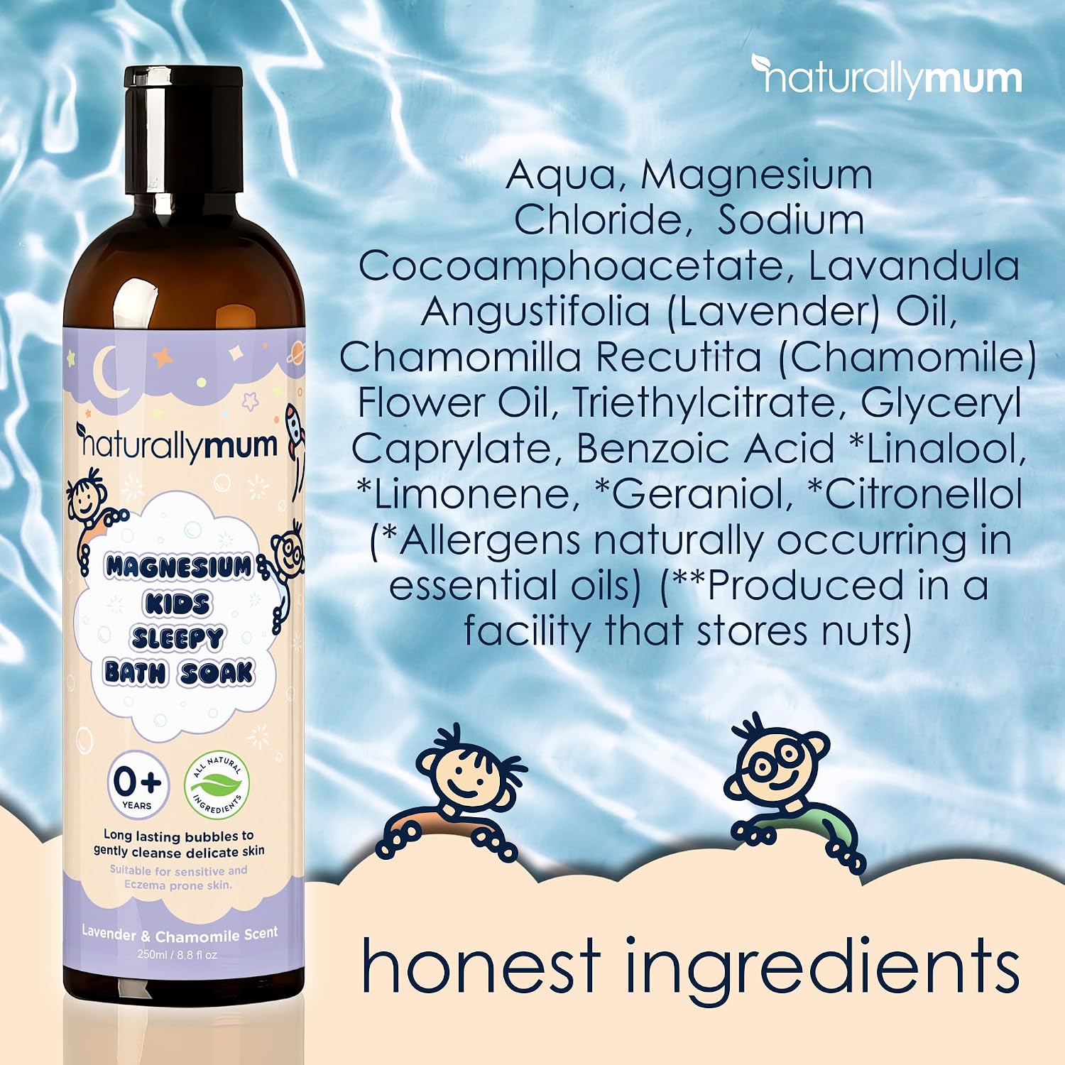 NaturallyMum Kids Magnesium Sleepy Bath Soak - Bubble Bath - All-Natural & Calming - Suitable for Newborns with Dry & Sensitive Skin - Lavender & Chamomile Essential Oils – Made in UK - 8.8fl oz