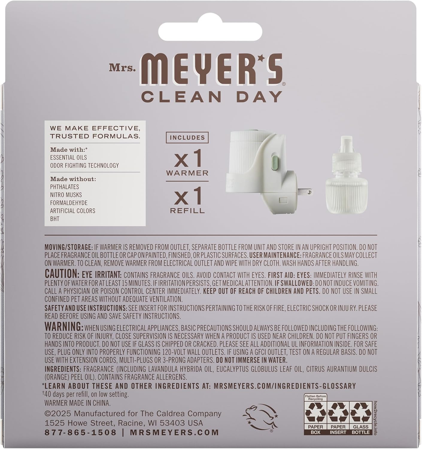 MRS. MEYER'S CLEAN DAY Premium Scented Oil Diffuser Kit, Lavender, 1 warmer and .67 fl oz refill