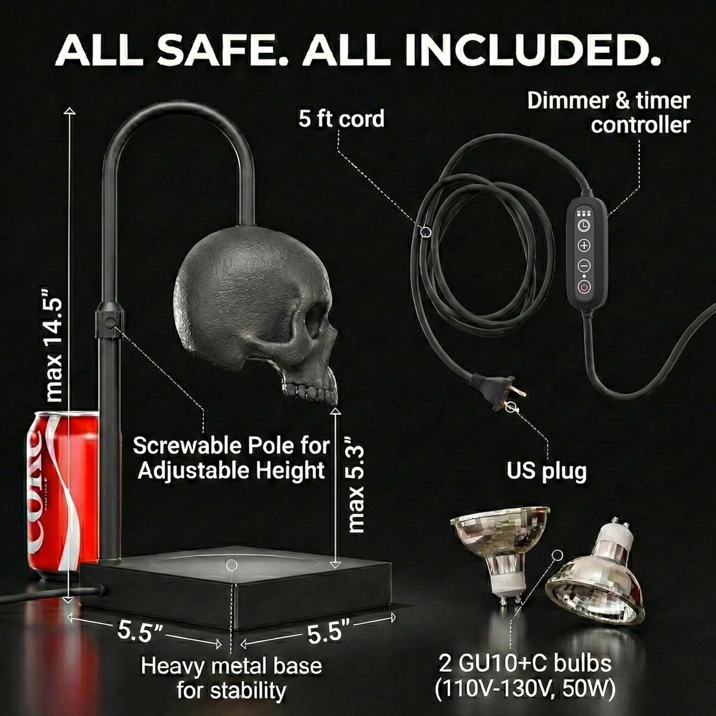 Skull Candle Warmer Lamp with Timer and Dimmer *Candles NOT Included – Black Gothic Candle Lamp Warmer w/ Adjustable Height, 2 Light Bulbs – Skull Decor, Goth Gothic Decor Spooky Home & Witchy Gifts