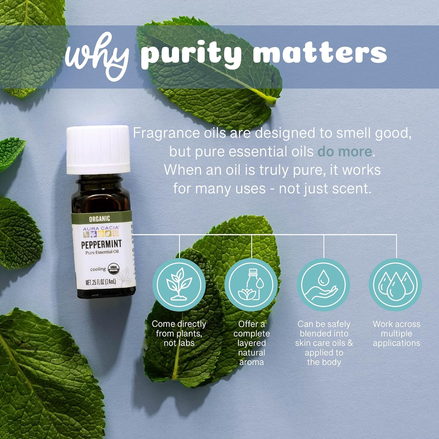Aura Cacia Organic Peppermint Essential Oil, Mentha Piperita Oil, Cooling Aromatherapy for Diffusers, Skincare, Massage, Custom Blends | 0.25 Fl Oz (Pack of 1)