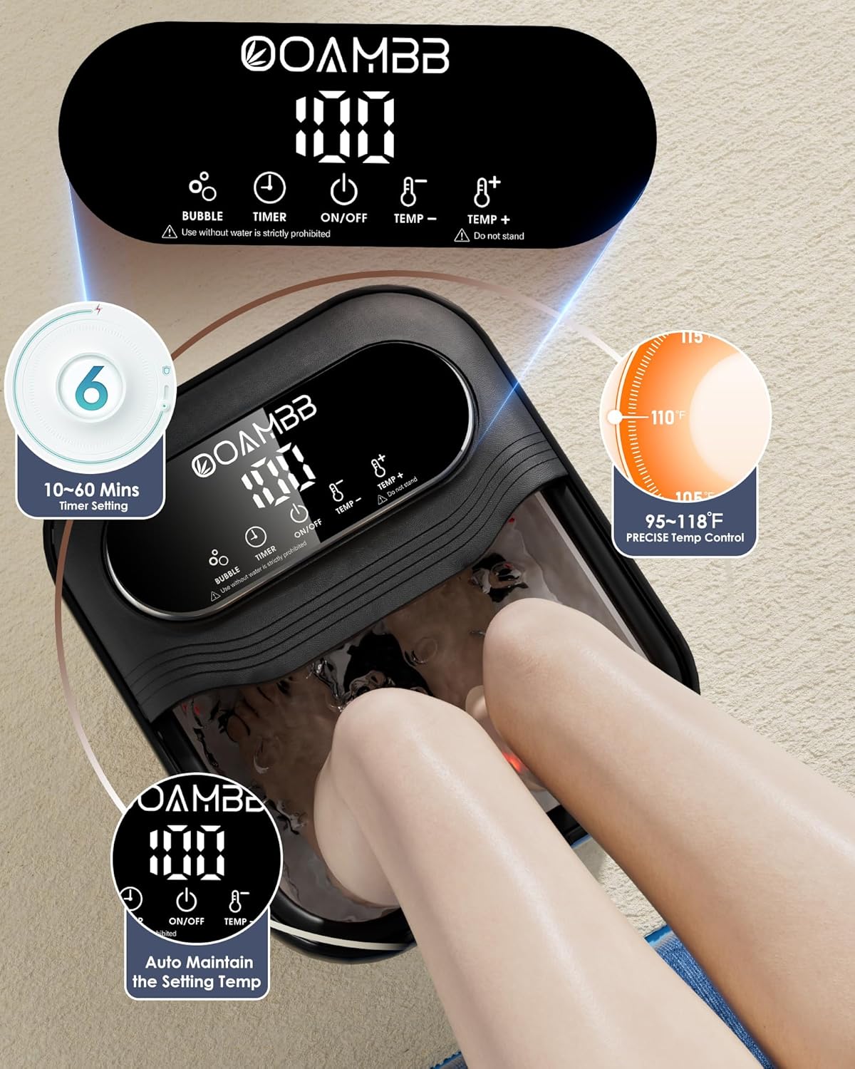 OOAMBB Collapsible Foot Spa with Heat, Bubble and Temp Control, Foot Bath Massager with XL Touch Screen and Massage Rollers, Foot Soaking Tub, Pedicure Foot spa for Stress Relief (Black)