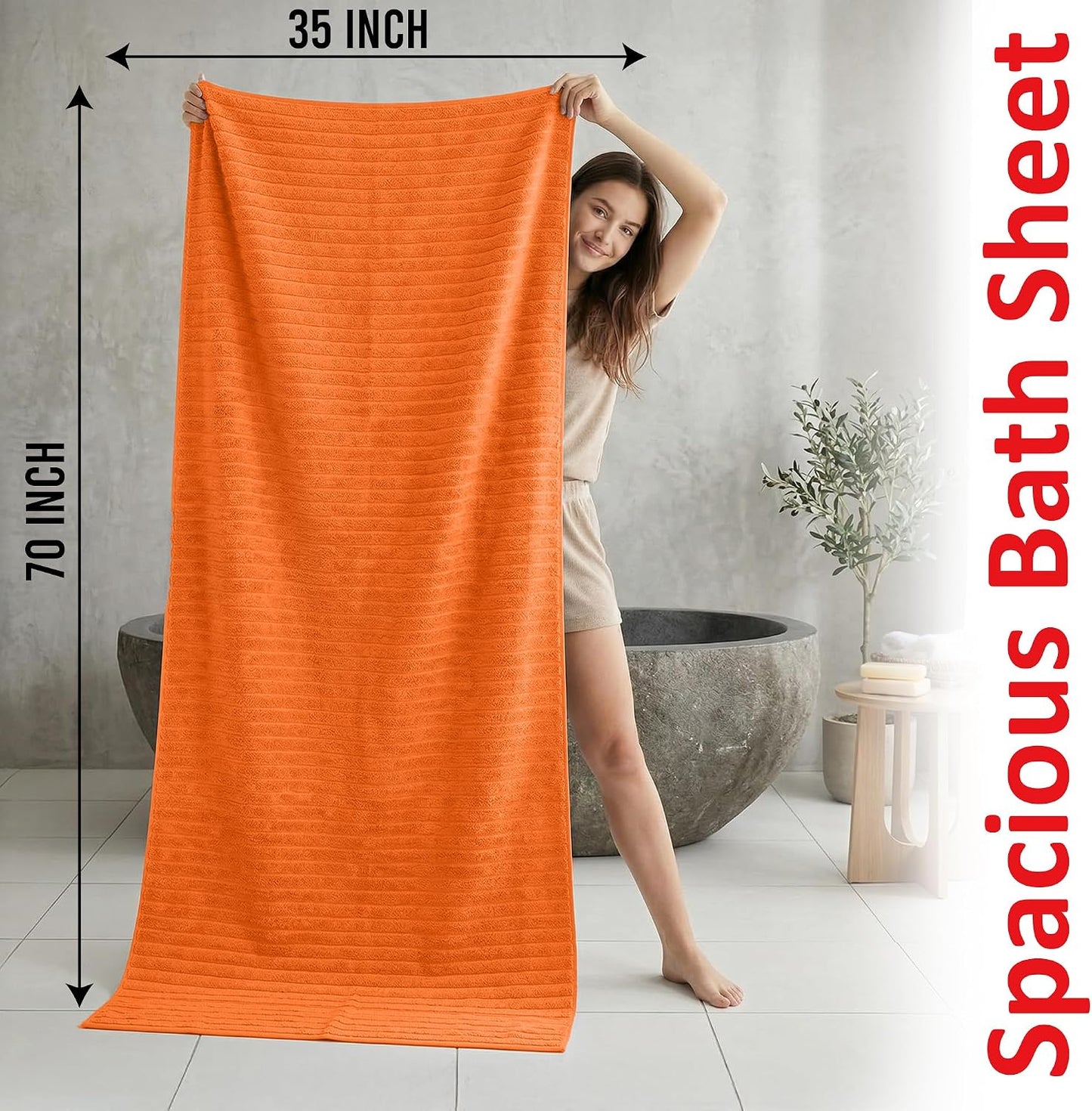 RIVERSIDE Pack of 2 Extra Large Bath Sheet Towels, 35 x 70 Inches, 600 GSM, Ribbed Stripe, 100% Cotton - Super Soft, Highly Absorbent & Quick Dry for Bathroom, Spa & Hotel, Orange