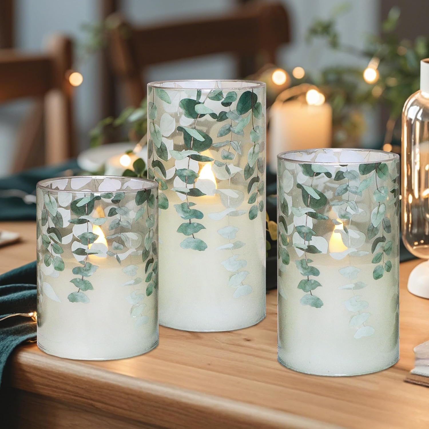 Green Glass Flameless Candles Remote Timer Eucalyptus Leaves Greenery Design Battery Operated Flicker Pillar Candle for Wedding Centerpiece Spring Easter Farmhouse Home Decoration, Set of 3