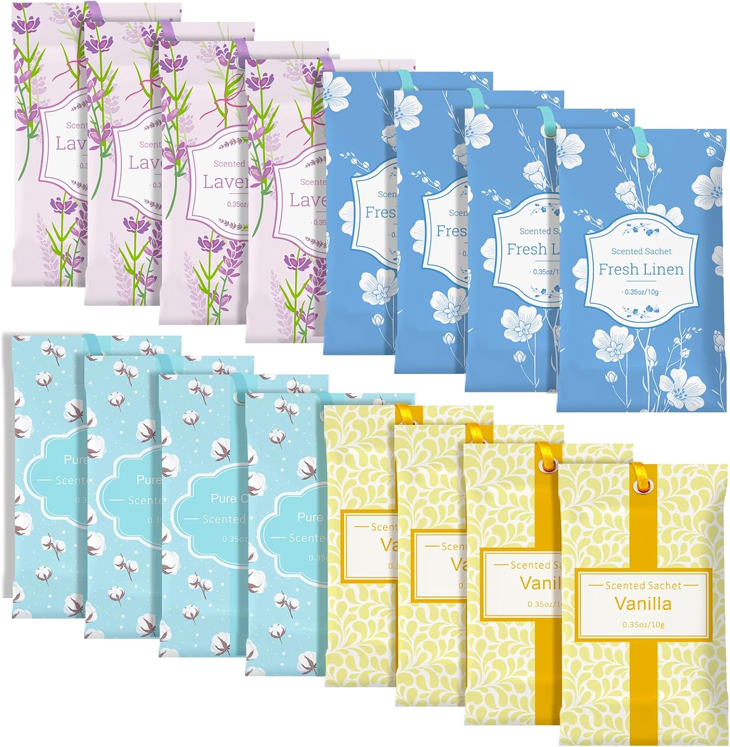 SCENTORINI Sachets for Drawers and Closets, Sachets Bags Long-Lasting, 16 Pack, Lavender Linen Vanilla Cotton, Home Fragrance Sachet for Cupboard, Wardrobe, Suitcases, Shoecases