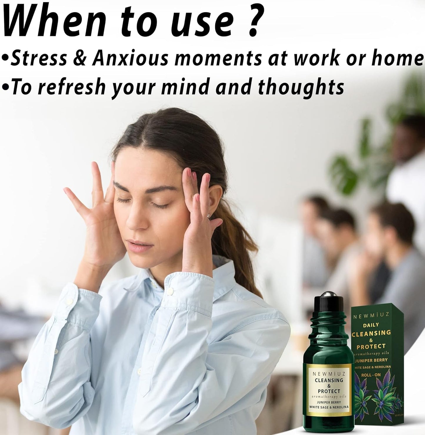 Roll-On Essential Oil Blends Focus Memory Concentration Orange Ginger Patchouli & Cleansing and Protect Juniper Berry White Sage with Nerolina, Pack of 2