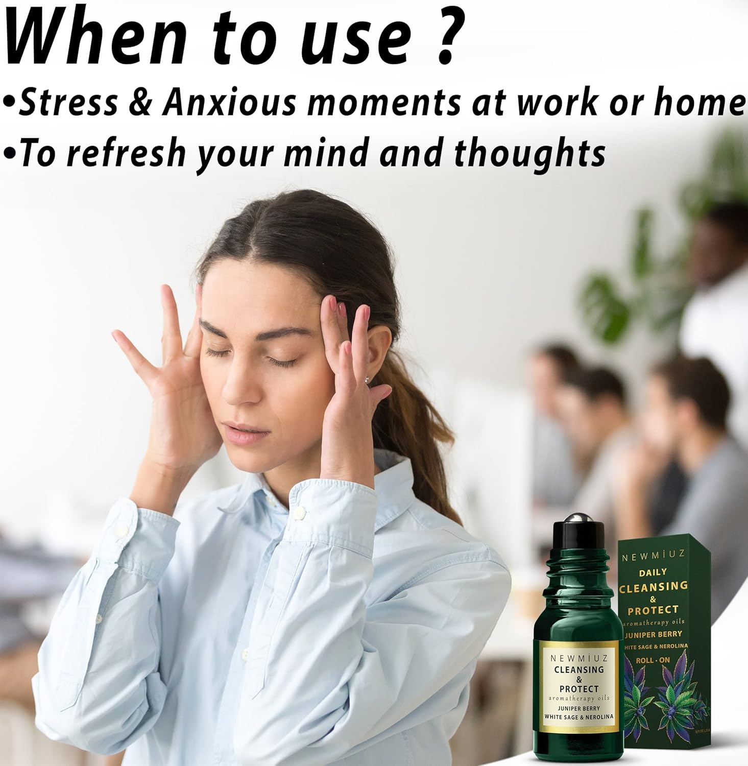 Roll-On Essential Oil Blends Focus Memory Concentration Orange Ginger Patchouli & Cleansing and Protect Juniper Berry White Sage with Nerolina, Pack of 2