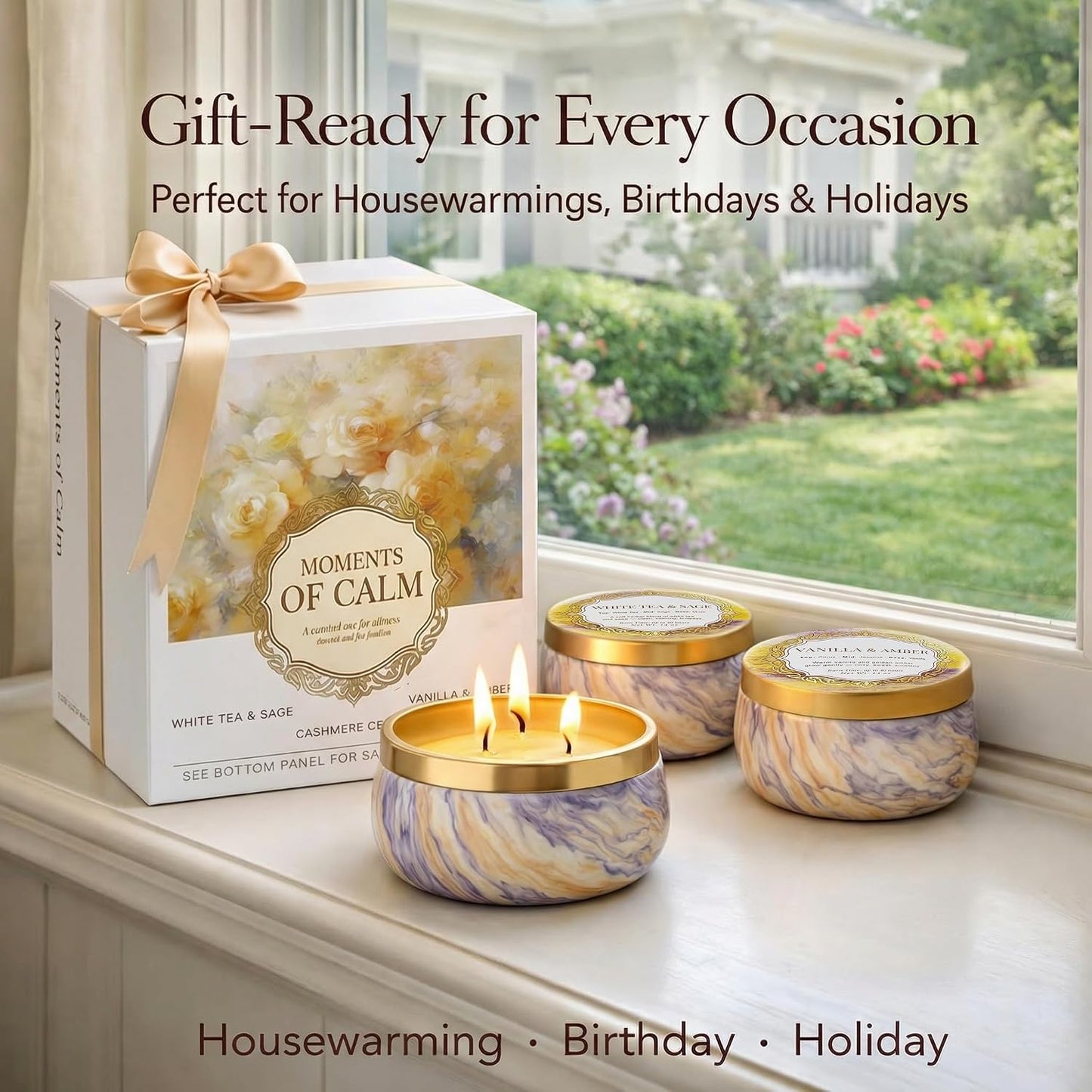 YMing 3-Wick Candle Gift Set, 3 Pack, 14 oz Each, Scented Candles for Home, White Tea & Sage, Vanilla & Amber, Cashmere Cedar
