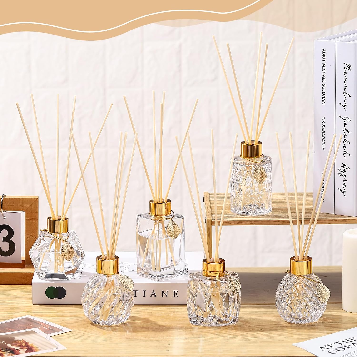 6 Pcs Reed Diffuser Gift Set Empty Reed Diffuser Bottle and 30 Pcs Sticks with Metallic Leaves Decoration Funnels 3.4 oz Fragrance Glass Prismatic Bottles for Essential Oil DIY Home Office, 6 Styles
