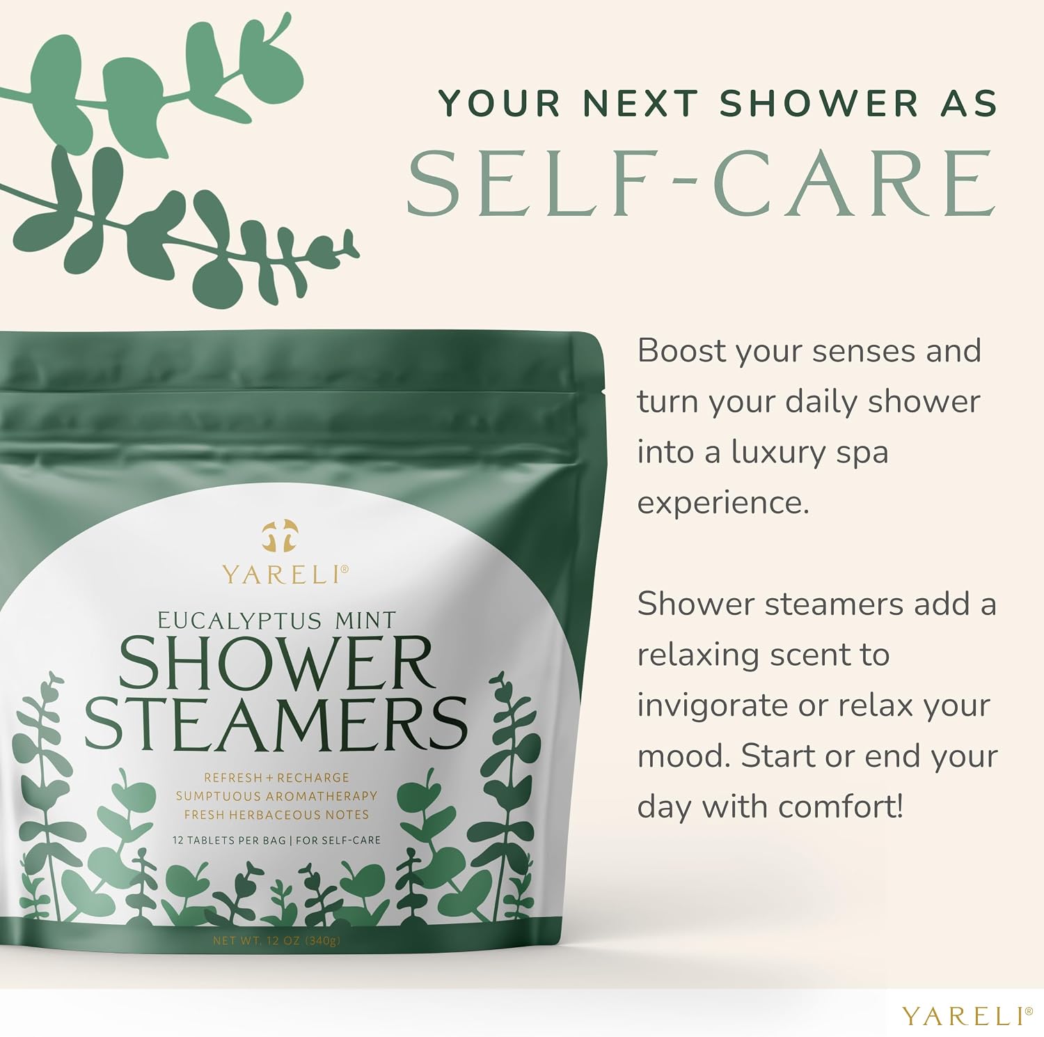 Yareli Eucalyptus Mint Shower Steamers Aromatherapy – Potent Essential Oils, Slow-Dissolve Tablets for Daily Shower Self-Care – Dye-Free, Made in USA – 12 Pack