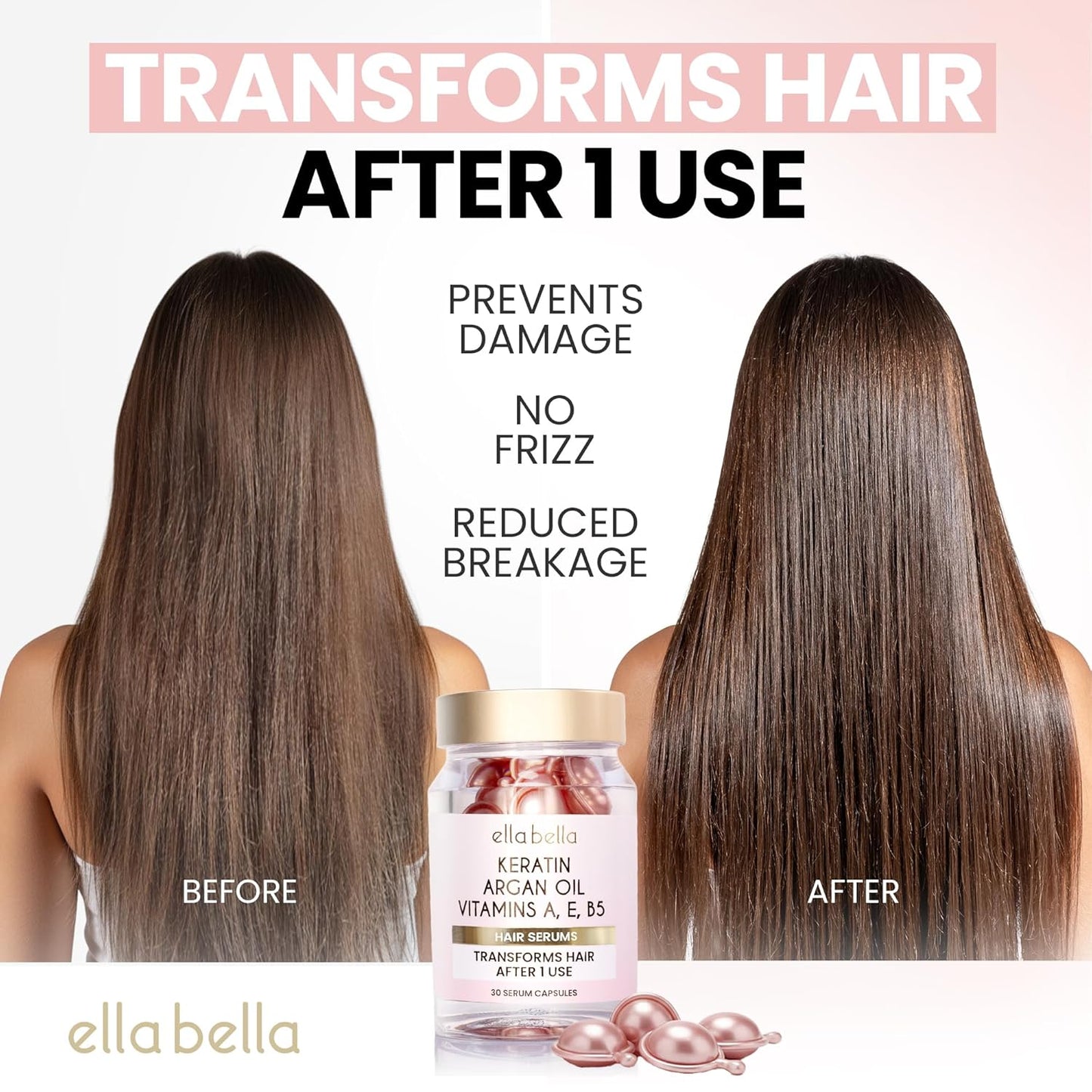 ELLA BELLA® Keratin Hair Serum with Argan Oil & Vitamins A, E, B5 – Anti-Frizz Hair Treatment & Night Repair – Hair Vitamins for Women for Smooth, Shiny, Frizz-Free Hair