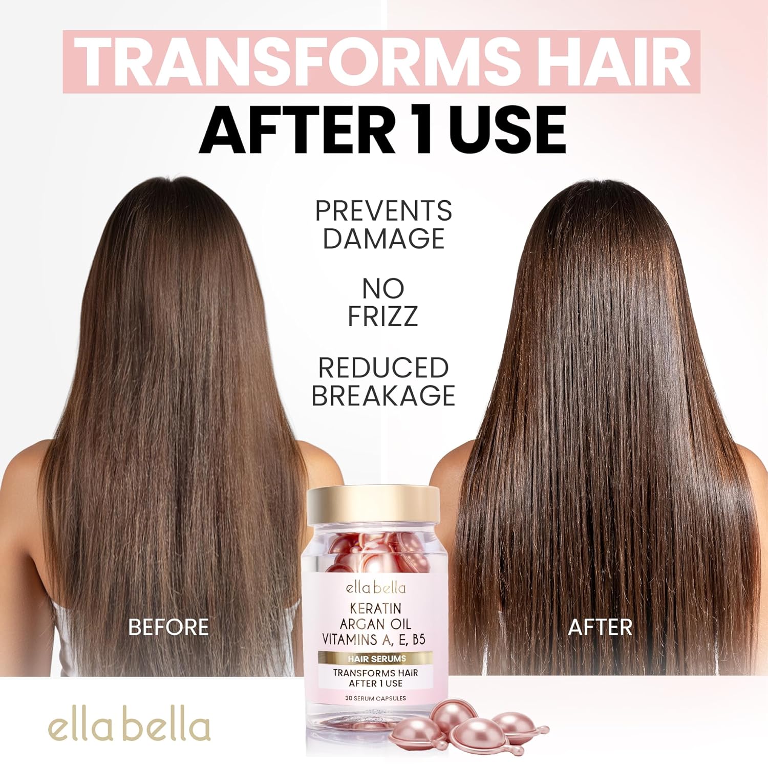 ELLA BELLA® Keratin Hair Serum with Argan Oil & Vitamins A, E, B5 – Anti-Frizz Hair Treatment & Night Repair – Hair Vitamins for Women for Smooth, Shiny, Frizz-Free Hair