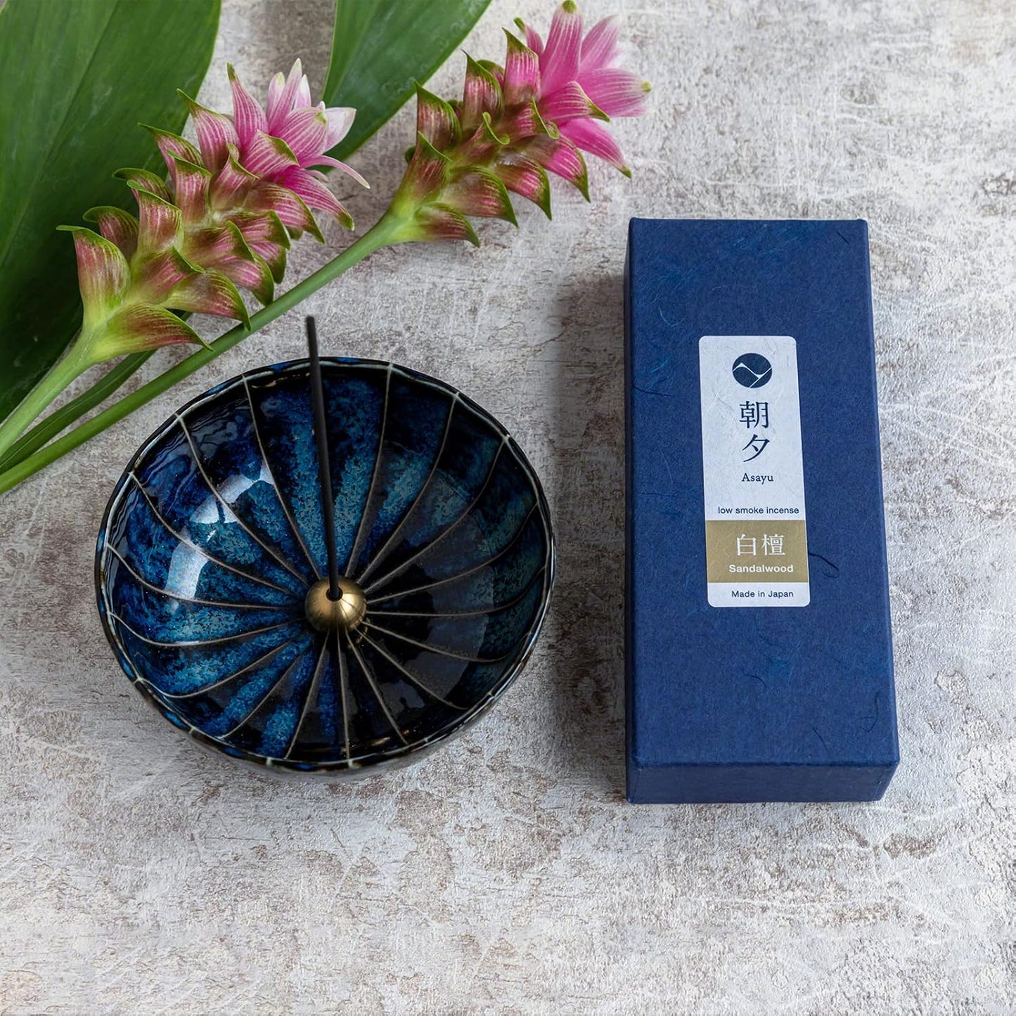 Gift Set: Sandalwood Incense Sticks & Navy Blue Lotus Holder by Asayu Japan