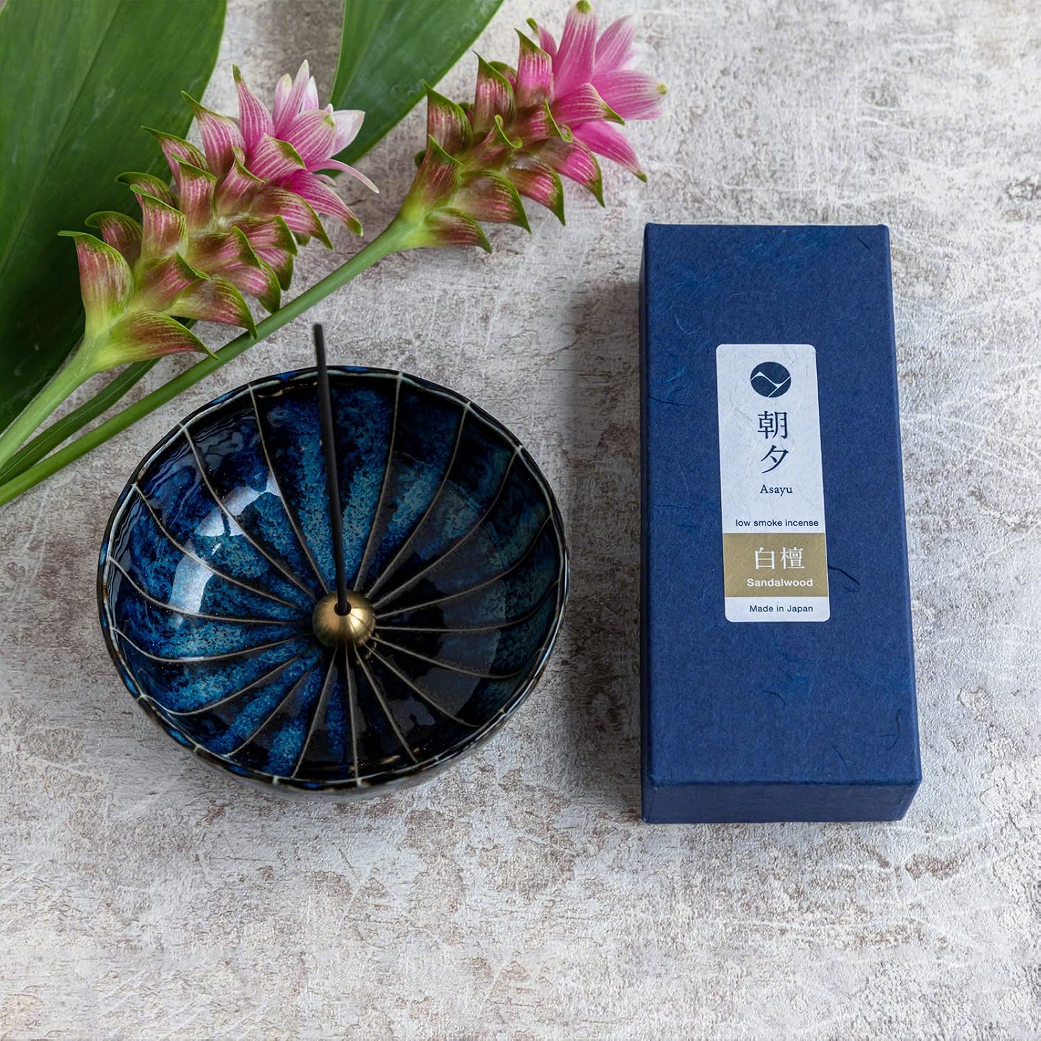 Gift Set: Sandalwood Incense Sticks & Navy Blue Lotus Holder by Asayu Japan