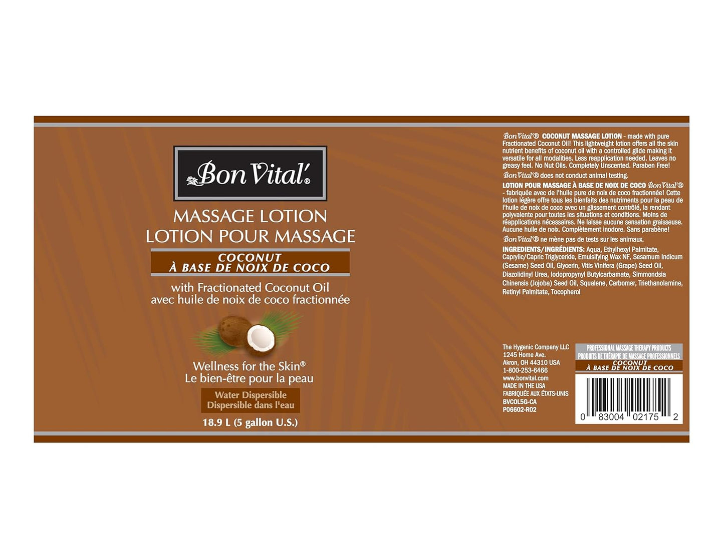 Bon Vital' Coconut Massage Lotion, 5 Gallon, Lightweight Formula with Pure Fractionated Coconut Oil, Professional Therapy Lotion, Hydrating and Unscented