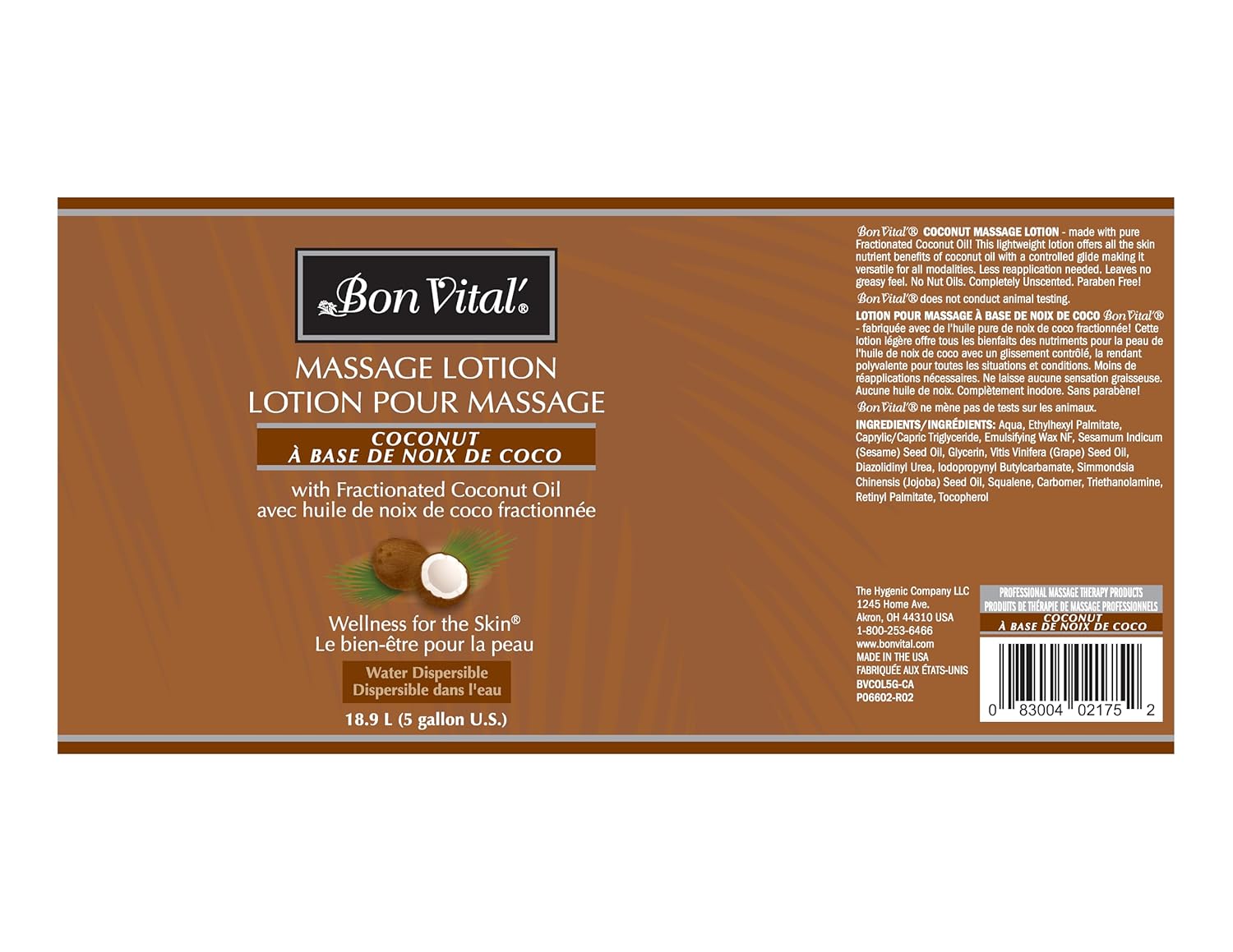 Bon Vital' Coconut Massage Lotion, 5 Gallon, Lightweight Formula with Pure Fractionated Coconut Oil, Professional Therapy Lotion, Hydrating and Unscented