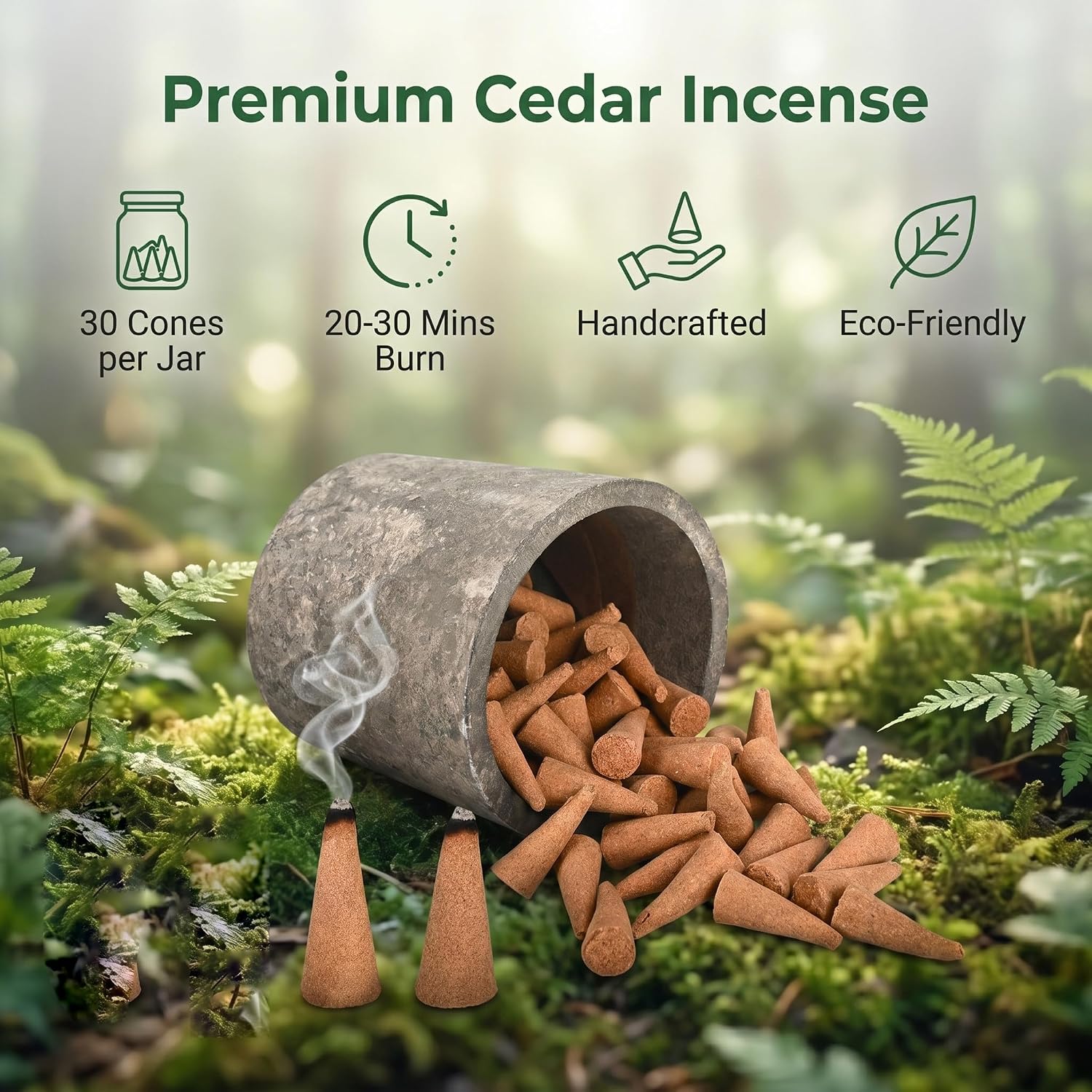 Aiimuzeum® Cedar Incense Cones 30 Pack Handcrafted Cone Incense in Reusable Concrete Jar, 20-30 Min Burn, Natural Cedar Incense Cones, Eco-Friendly Planter Container, Relaxation Meditation Incense