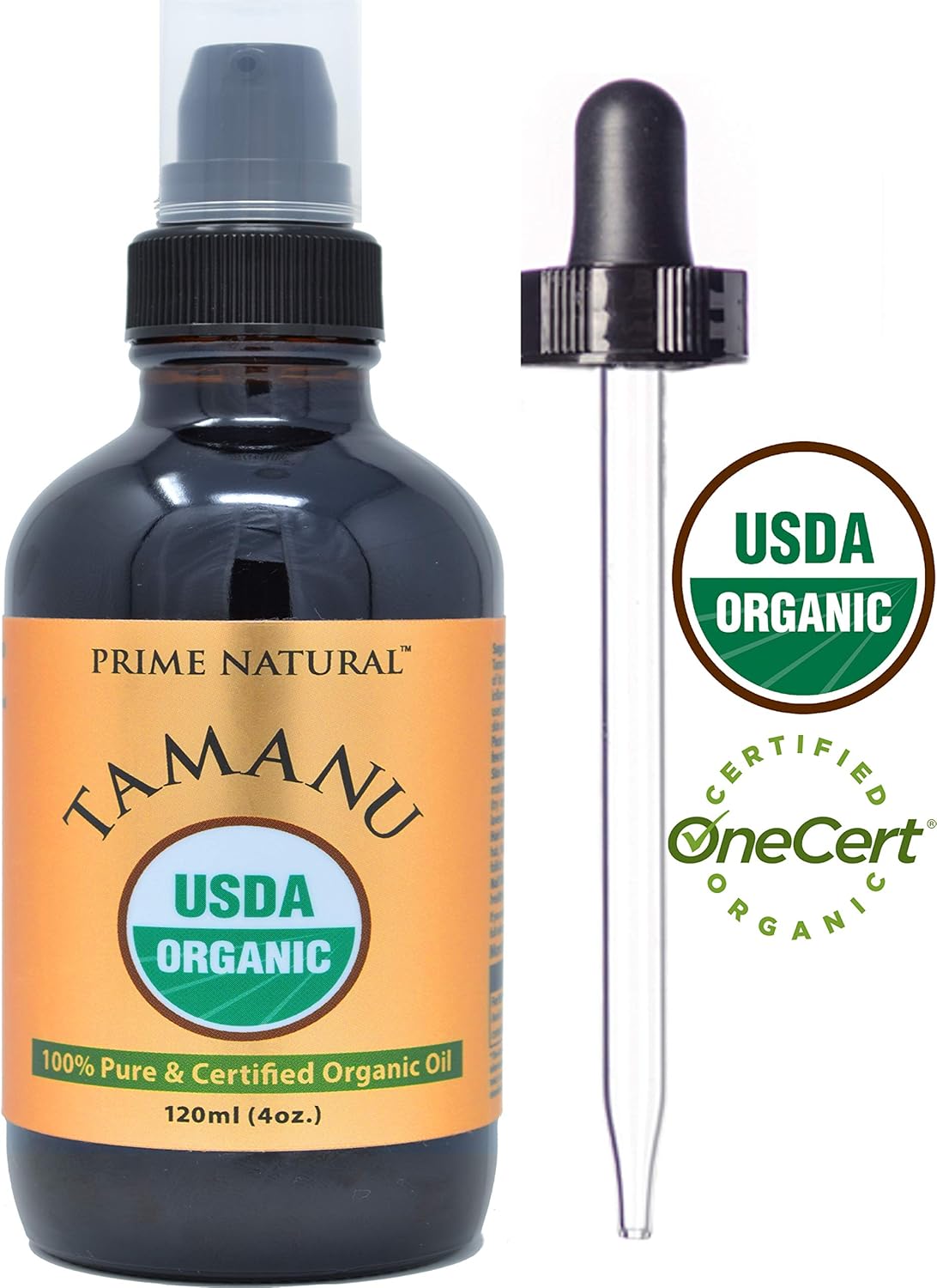 PRIME NATURAL Organic Tamanu Oil - USDA Certified, 100% Pure, Cold Pressed, Unrefined, Virgin (4oz / 120ml) For Face, Hair & Skin Care - Natural Moisturizer