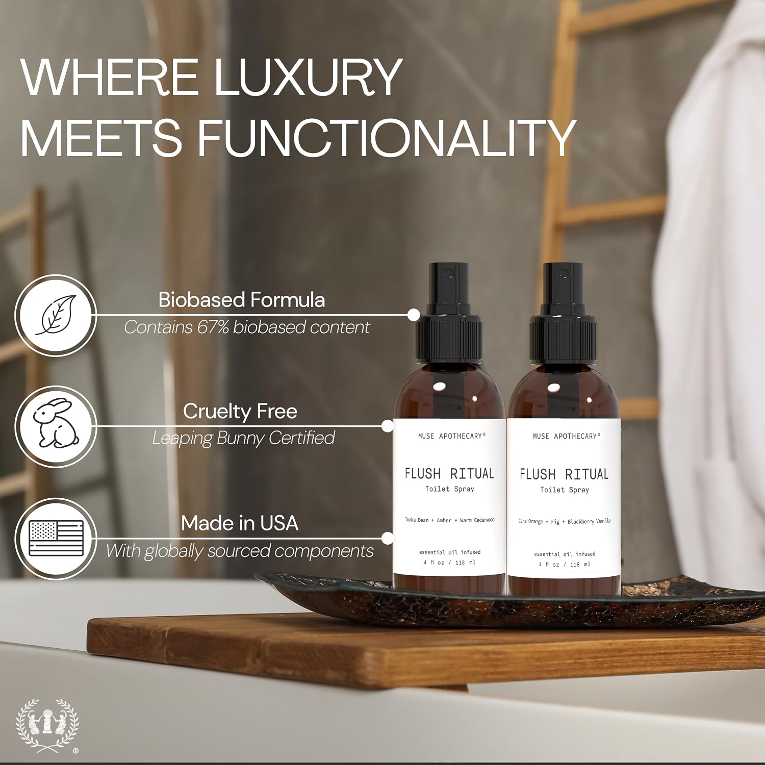 Muse Apothecary Flush Ritual - Aromatic & Refreshing Toilet Spray, Use Before You Go, 2 oz, Infused with Natural Essential Oils - Bergamot + French Lavender + Sandalwood, 2 Pack