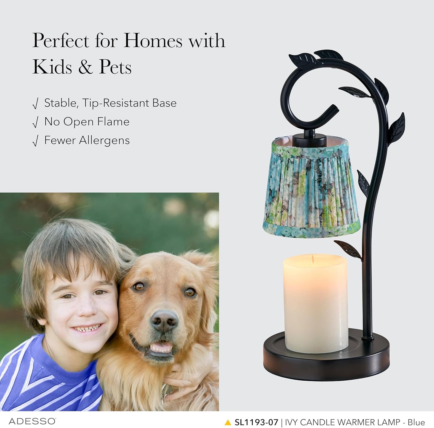 Adesso Candle Warmer Lamp – Flameless Candle Melter with Adjustable Timer & Dimmable Light, Bulb Included, Blue Floral Printed Shade, for Home, Dorm, or Office
