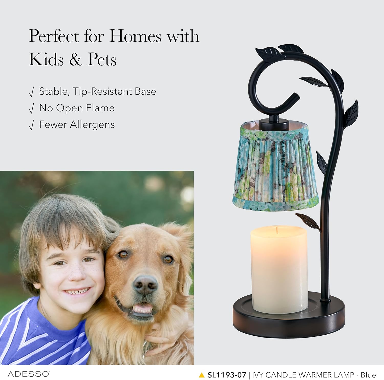 Adesso Candle Warmer Lamp – Flameless Candle Melter with Adjustable Timer & Dimmable Light, Bulb Included, Blue Floral Printed Shade, for Home, Dorm, or Office