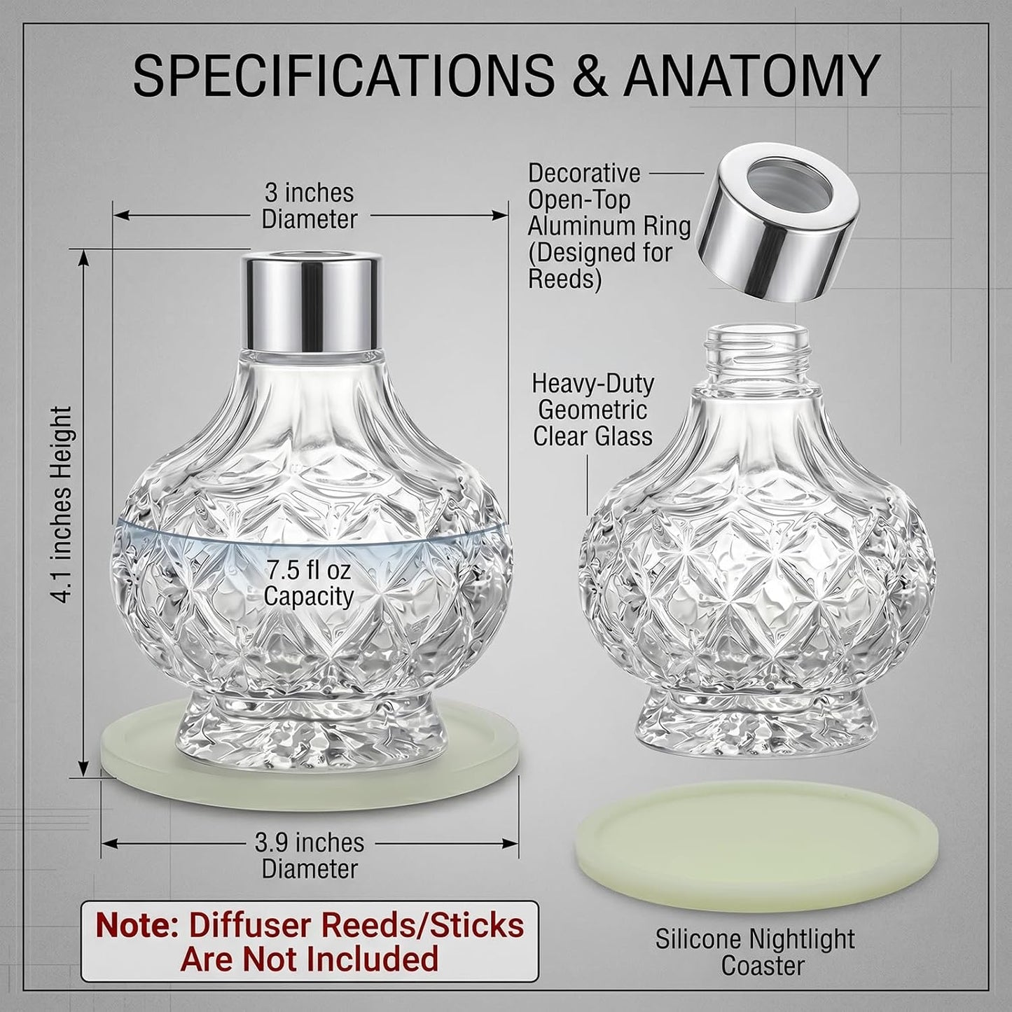 Reed Diffuser Bottle - Empty Glass Diffuser Bottles Refillable Fragrance Oils Jars Gourd Shape with Silver Decorative Hole Cap and Luminous Coaster Mat, 7.5 fl Oz,Clear (Reeds Not Included)