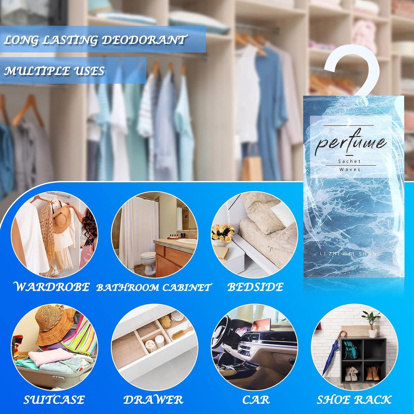 24 Pcs Large Hanging Closet Deodorizer Air Freshener Scented Sachets for Drawers and Closets Long Lasting Lavender Sachet Bags Drawer Freshener for Clothes (Lavender, Jasmine, Waves, Tulip)