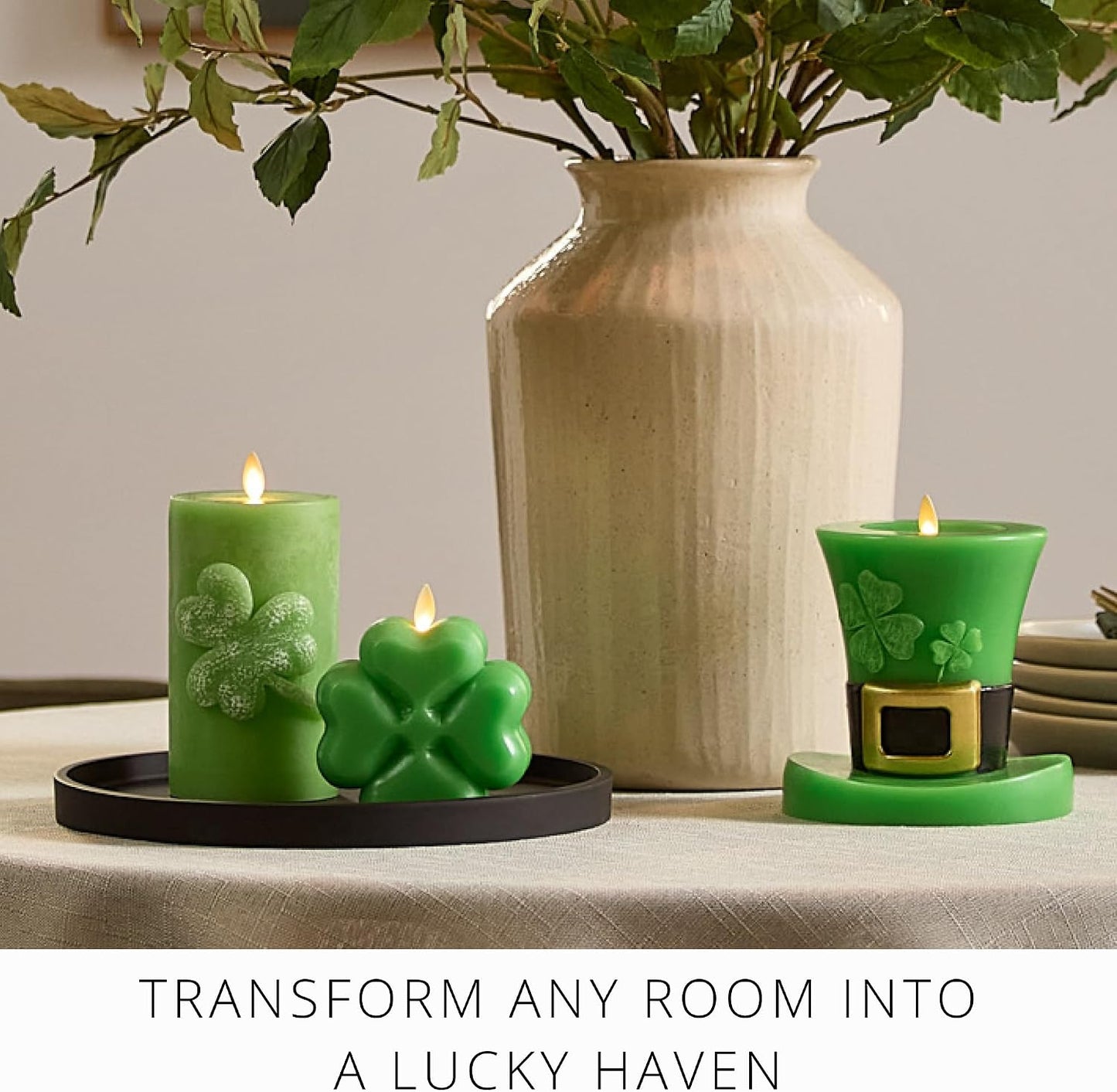 Luminara Lucky Green Shamrock Pillar Candle - Flickering Real-Flame Technology - Flameless LED - Remote Ready - St. Patrick's Day - 3.4" x 6.5"