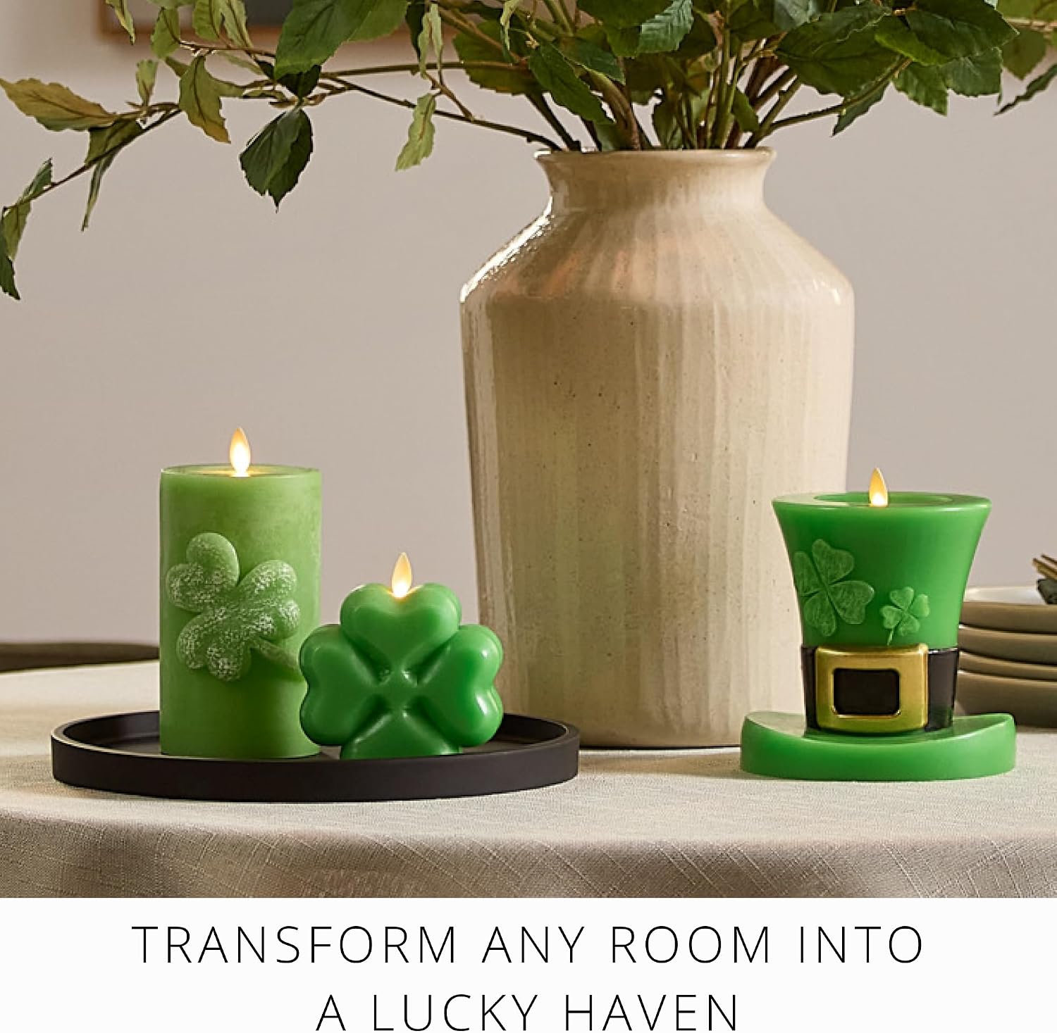 Luminara Lucky Green Shamrock Pillar Candle - Flickering Real-Flame Technology - Flameless LED - Remote Ready - St. Patrick's Day - 3.4" x 6.5"