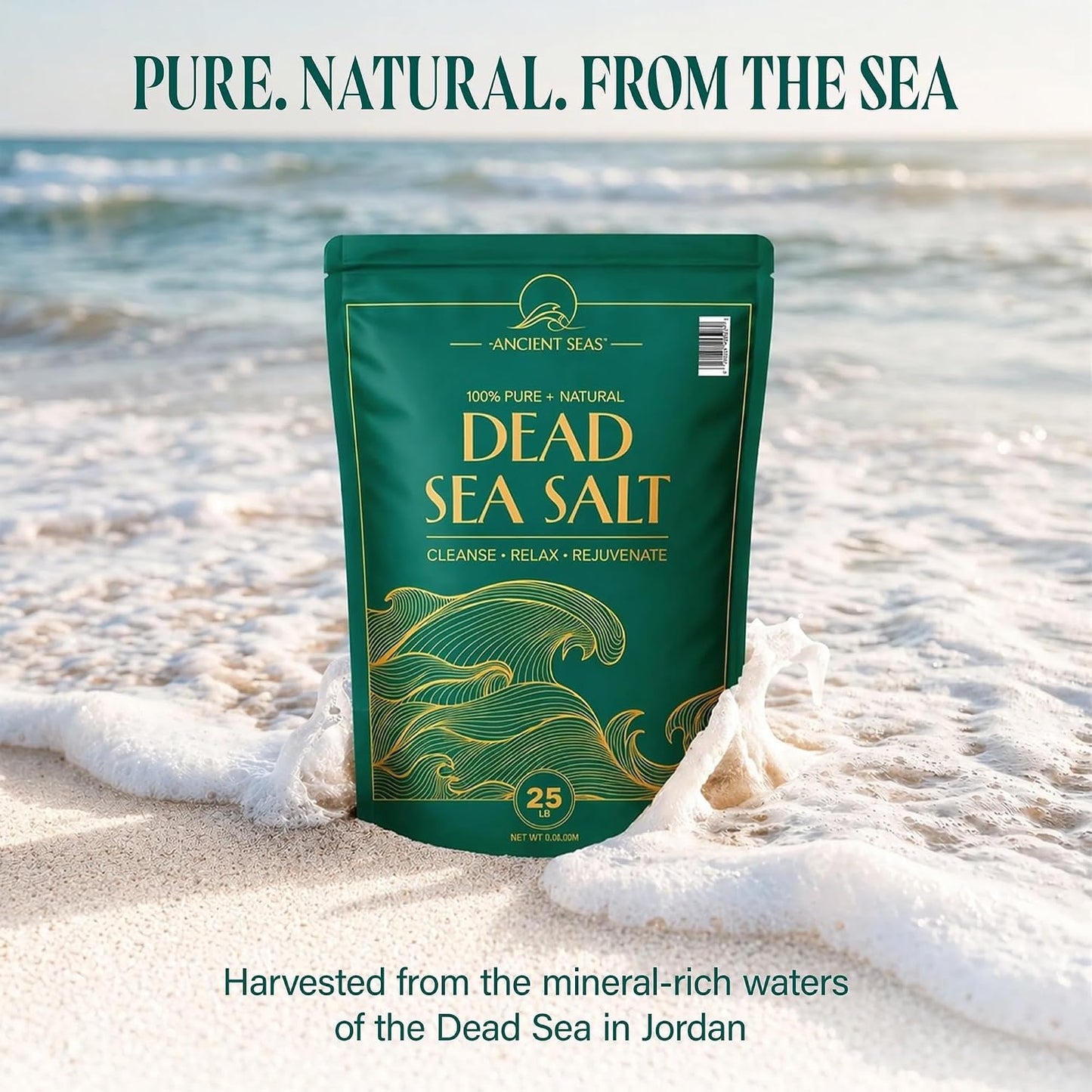Ancient Seas Dead Sea Salt Bulk 25 lb, Fine Grain, USP Grade, Fragrance-Free Therapeutic Mineral Bath Salt for Soaking, Foot Soaks & Exfoliating Scrubs