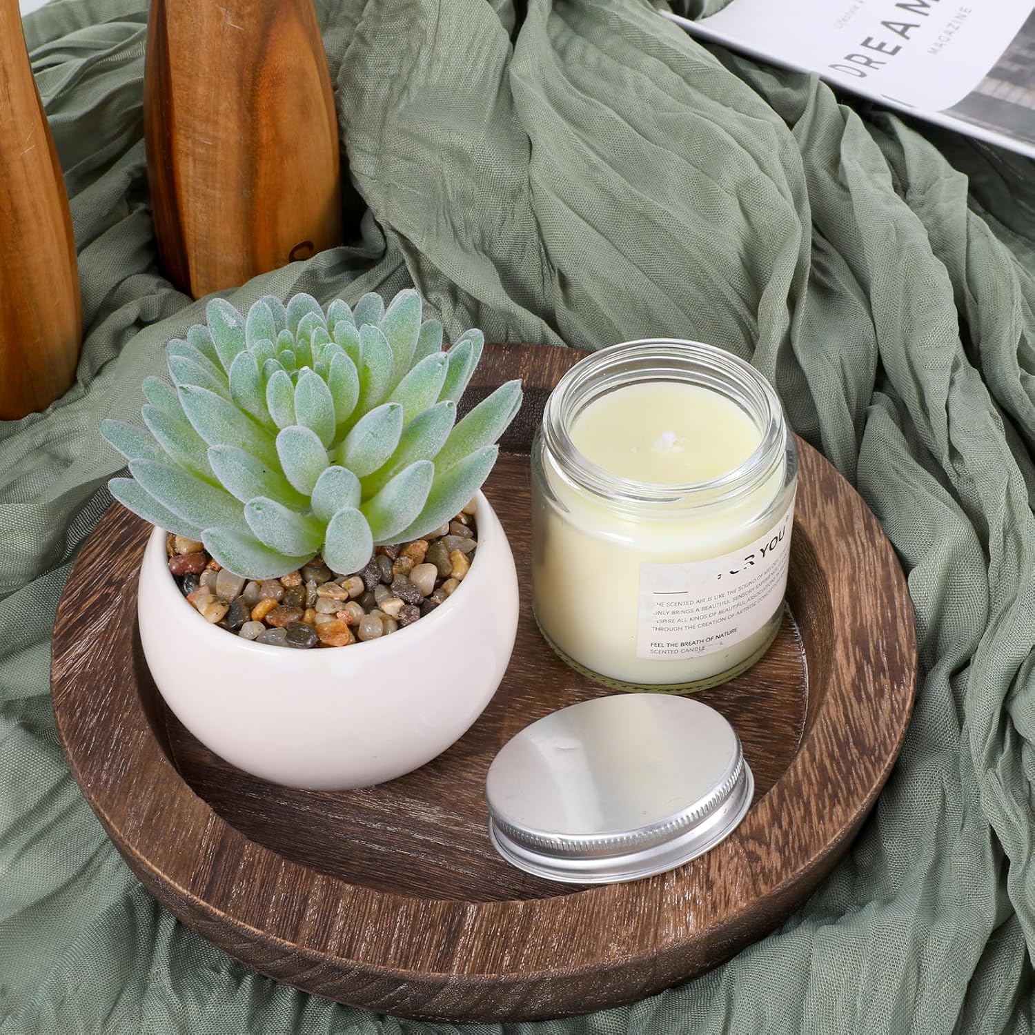 6.5 in Round Rustic Wood Tray for Decor Candle Holder Tray Wooden Serving Trayes for Coffee Table and Home Decor Small Serving Trays for Centerpiece Table Decorations Circle Dining Tables Trays