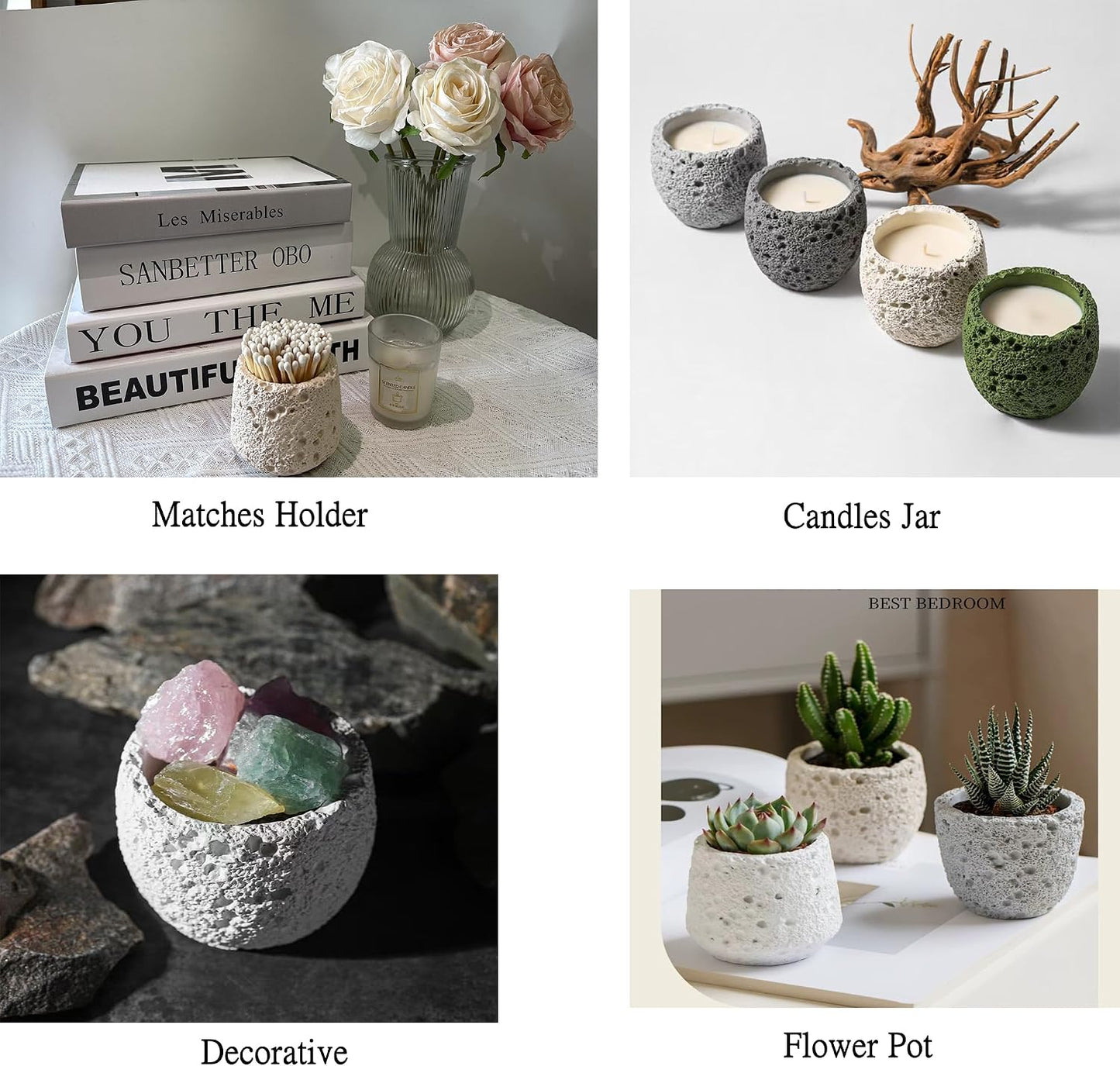 Concrete Match Holder with Strike, Matches in a jar for Bathroom Candle and Candle Match Jar for Fireplace BBQ Grill Matches, Decorative Modern Home Decor Gifts for Girls - No Matchsticks