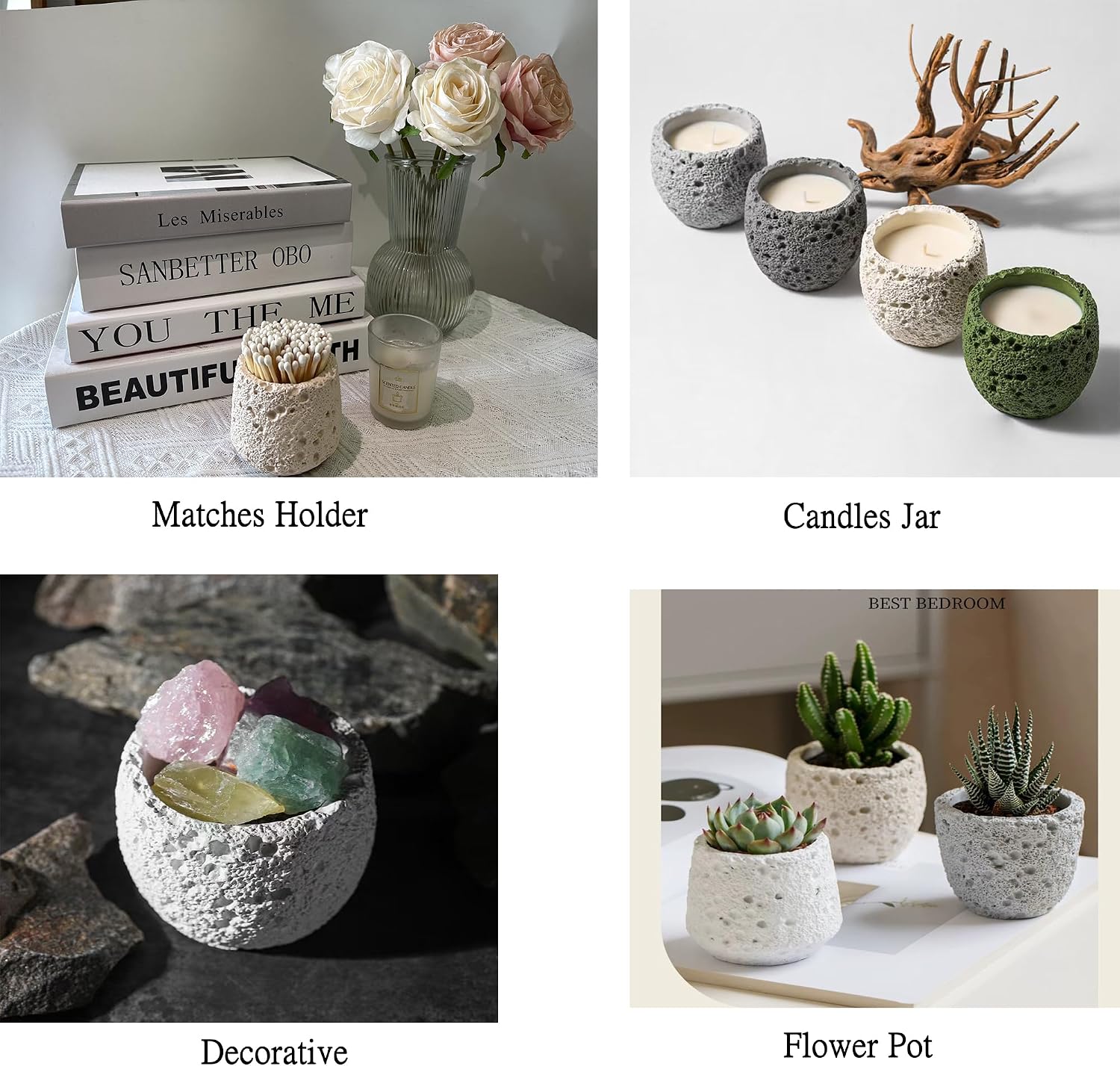 Concrete Match Holder with Strike, Matches in a jar for Bathroom Candle and Candle Match Jar for Fireplace BBQ Grill Matches, Decorative Modern Home Decor Gifts for Girls - No Matchsticks